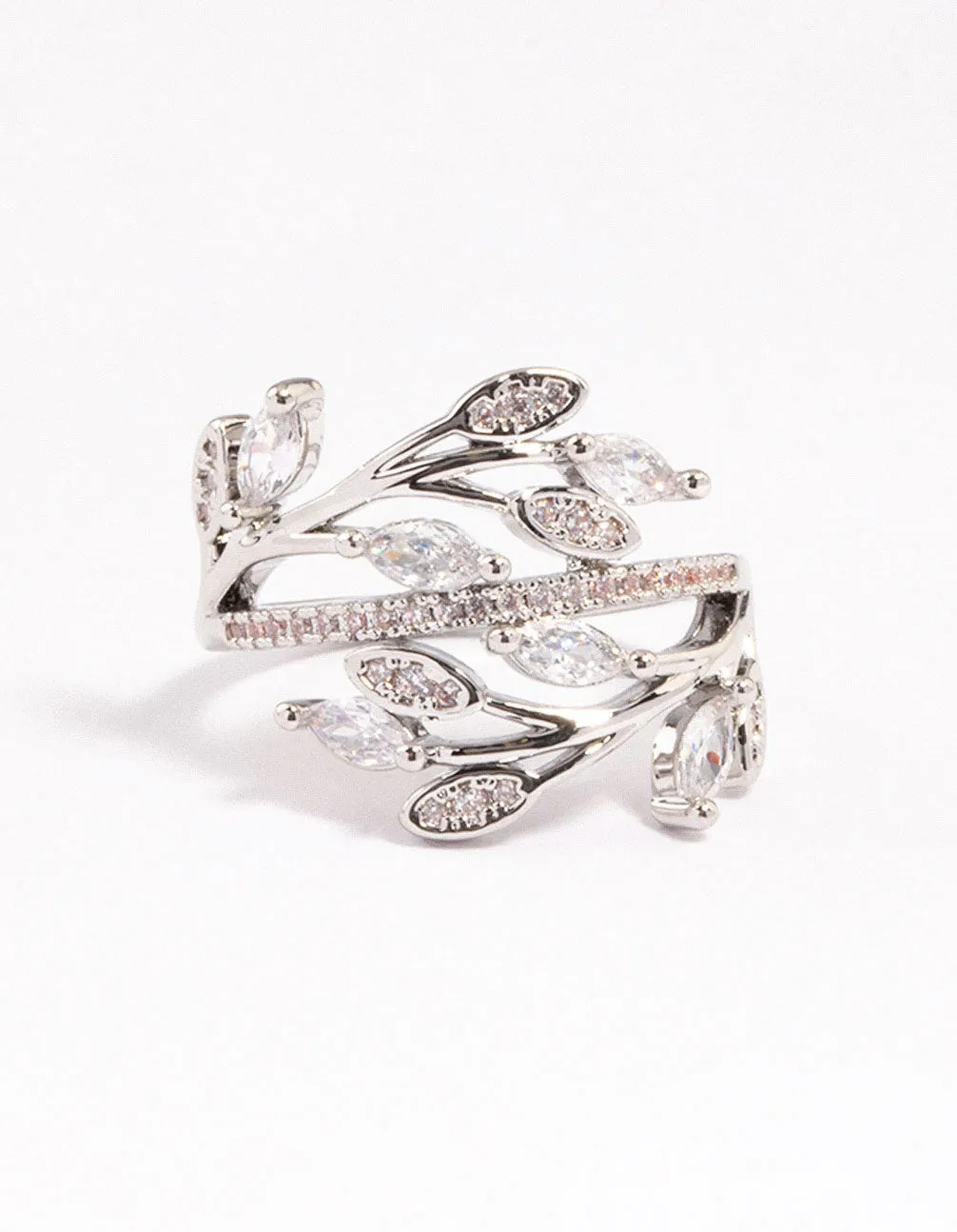 Rhodium Leafy Vine Cubic Zirconia Ring