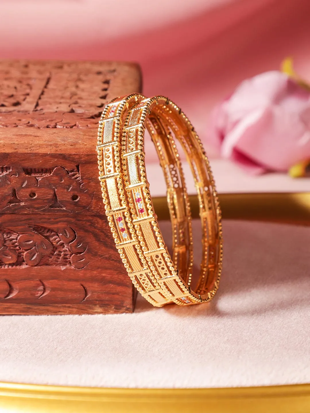 Rubans Set of 2, 18K Gold-Plated Rectangular Motif Bangles with Intricate Detailing
