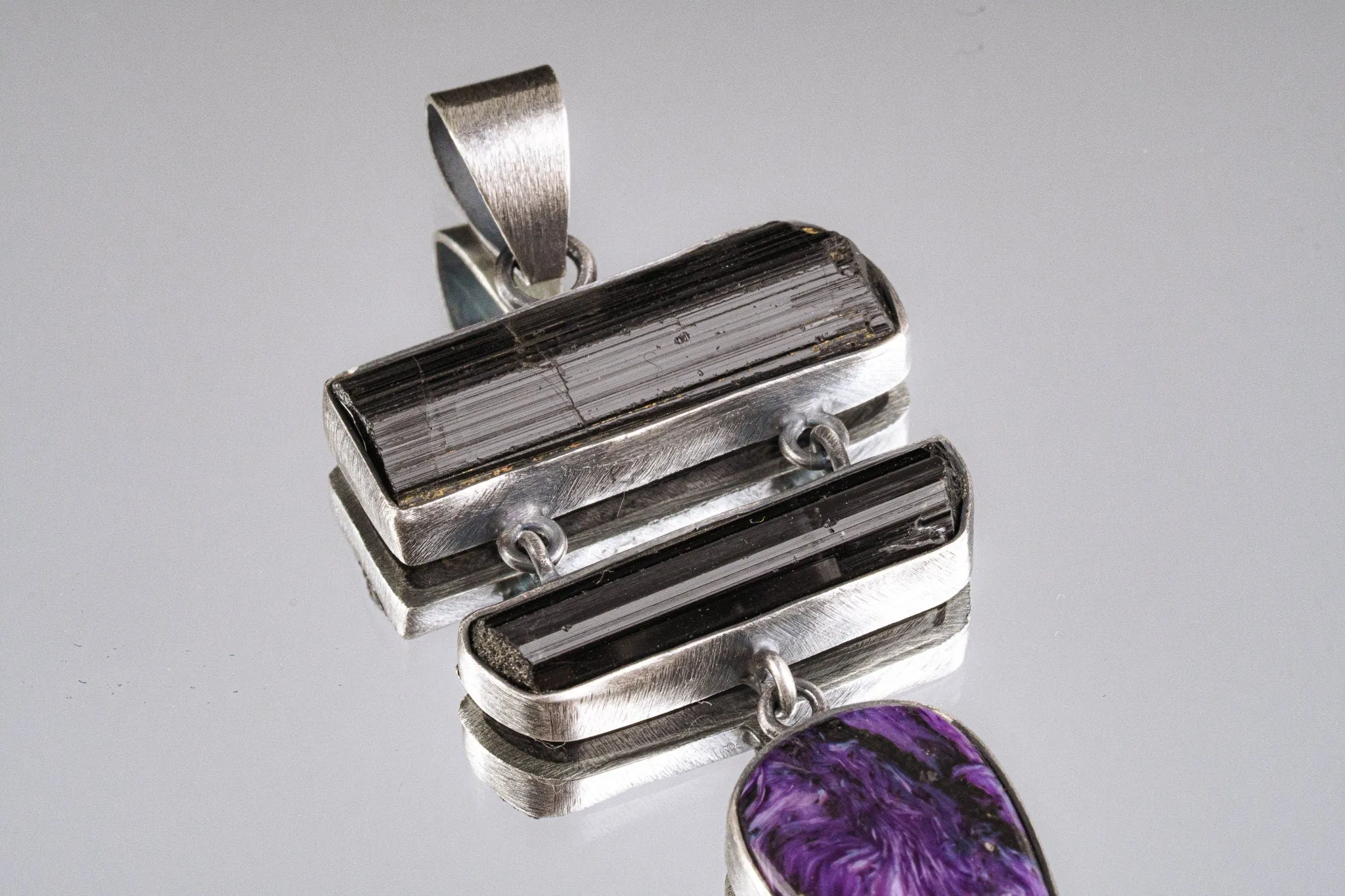 Rustic Finish Sterling Silver Pendant Featuring AAA Charoite Teardrop Cabochon & Double Bezeled Black Tourmaline Sticks, Dangle Necklace