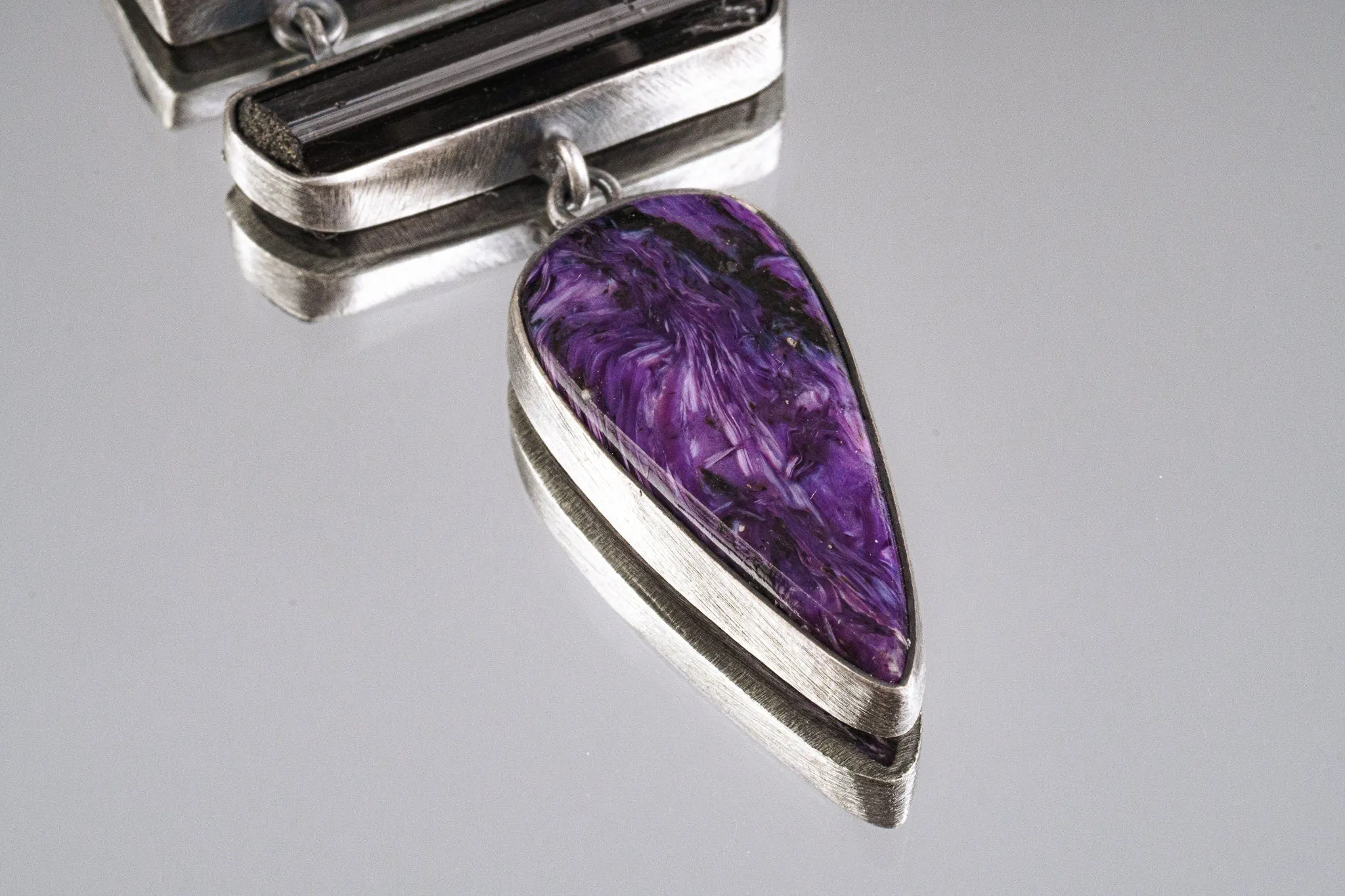 Rustic Finish Sterling Silver Pendant Featuring AAA Charoite Teardrop Cabochon & Double Bezeled Black Tourmaline Sticks, Dangle Necklace