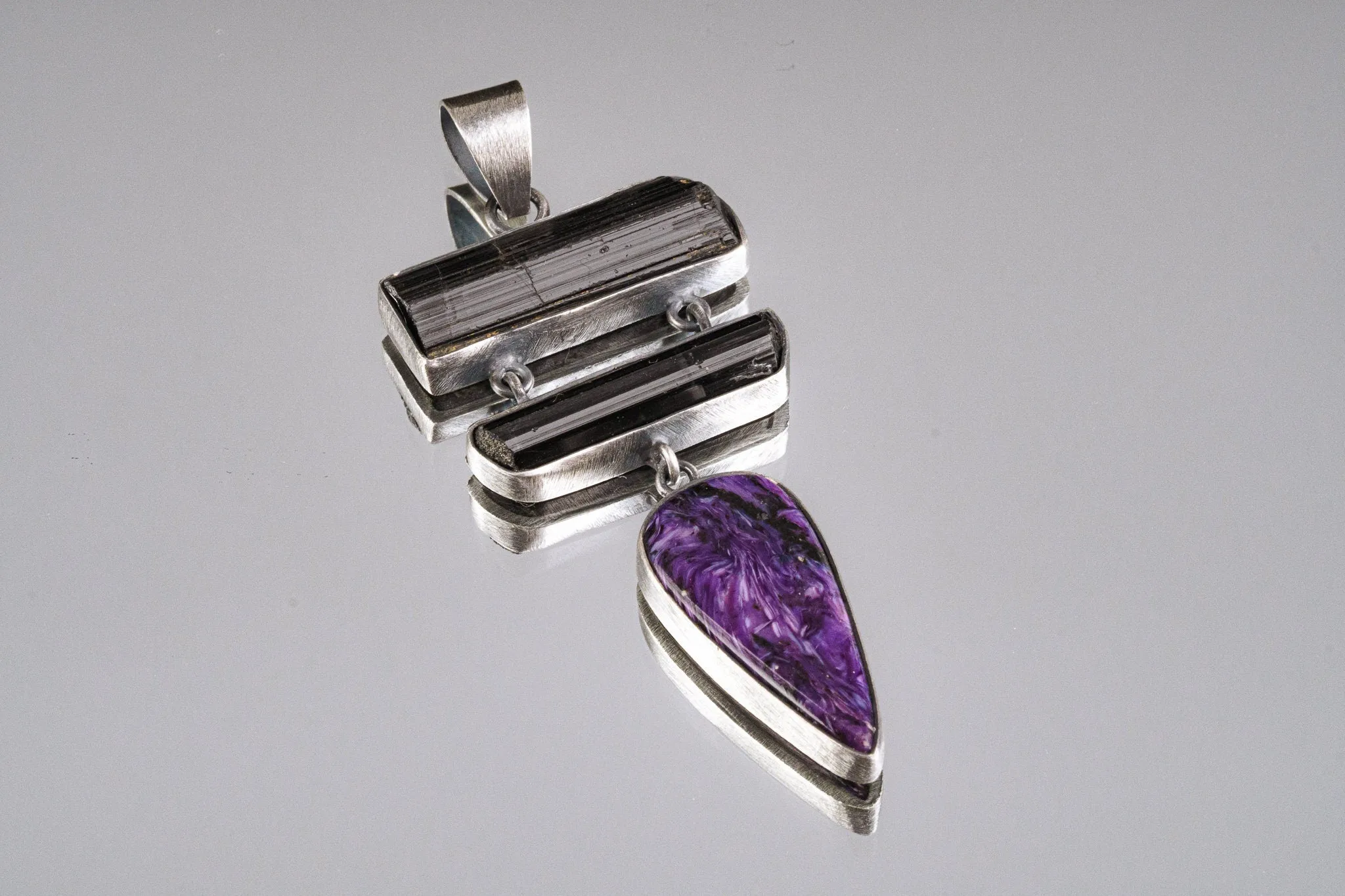 Rustic Finish Sterling Silver Pendant Featuring AAA Charoite Teardrop Cabochon & Double Bezeled Black Tourmaline Sticks, Dangle Necklace