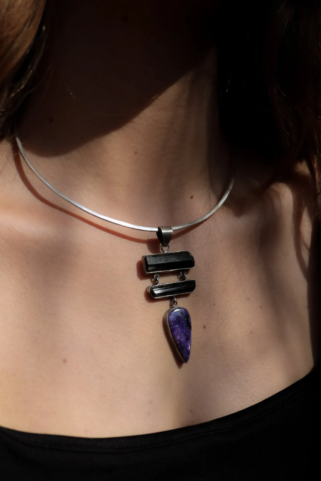Rustic Finish Sterling Silver Pendant Featuring AAA Charoite Teardrop Cabochon & Double Bezeled Black Tourmaline Sticks, Dangle Necklace