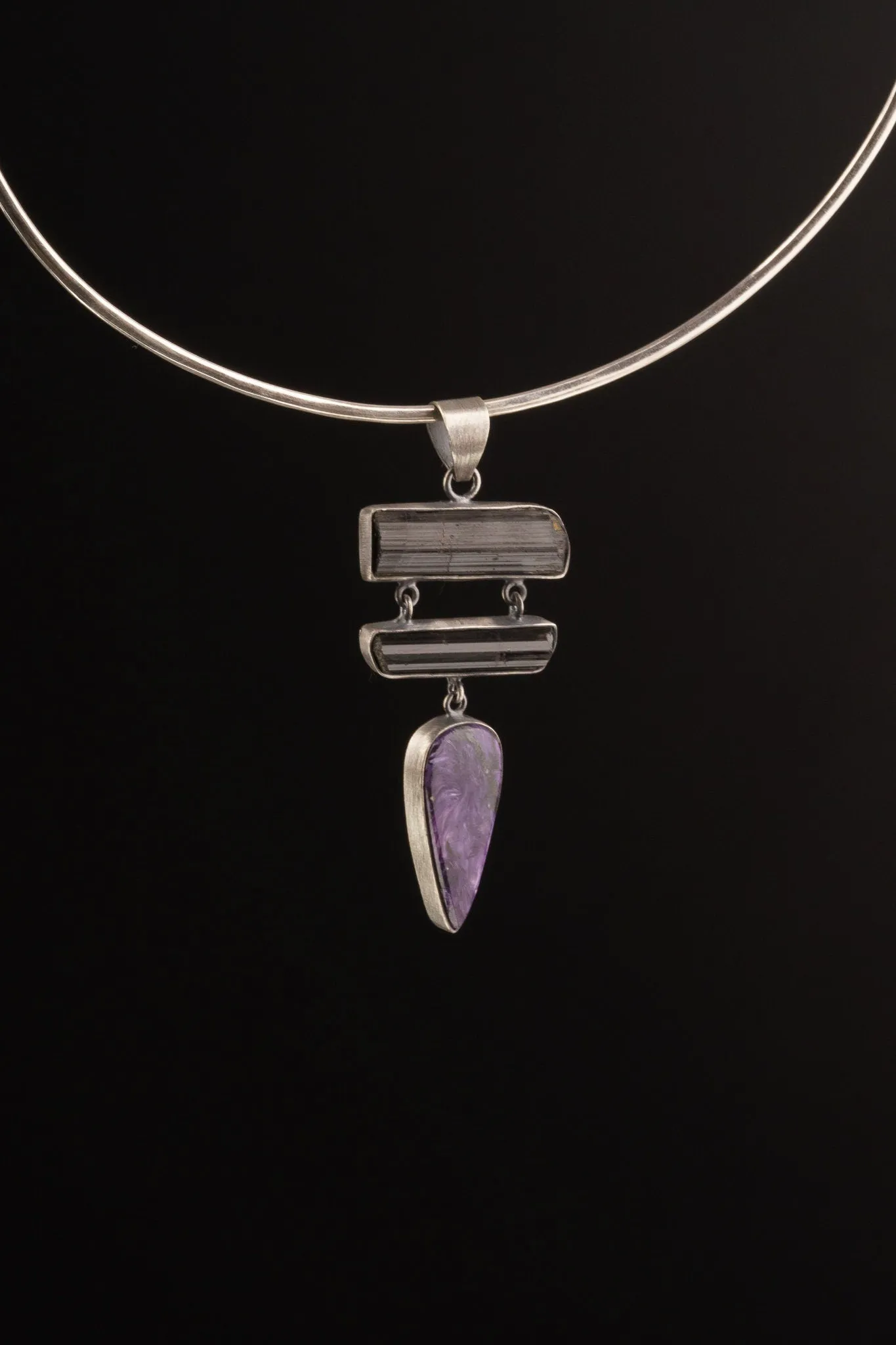 Rustic Finish Sterling Silver Pendant Featuring AAA Charoite Teardrop Cabochon & Double Bezeled Black Tourmaline Sticks, Dangle Necklace