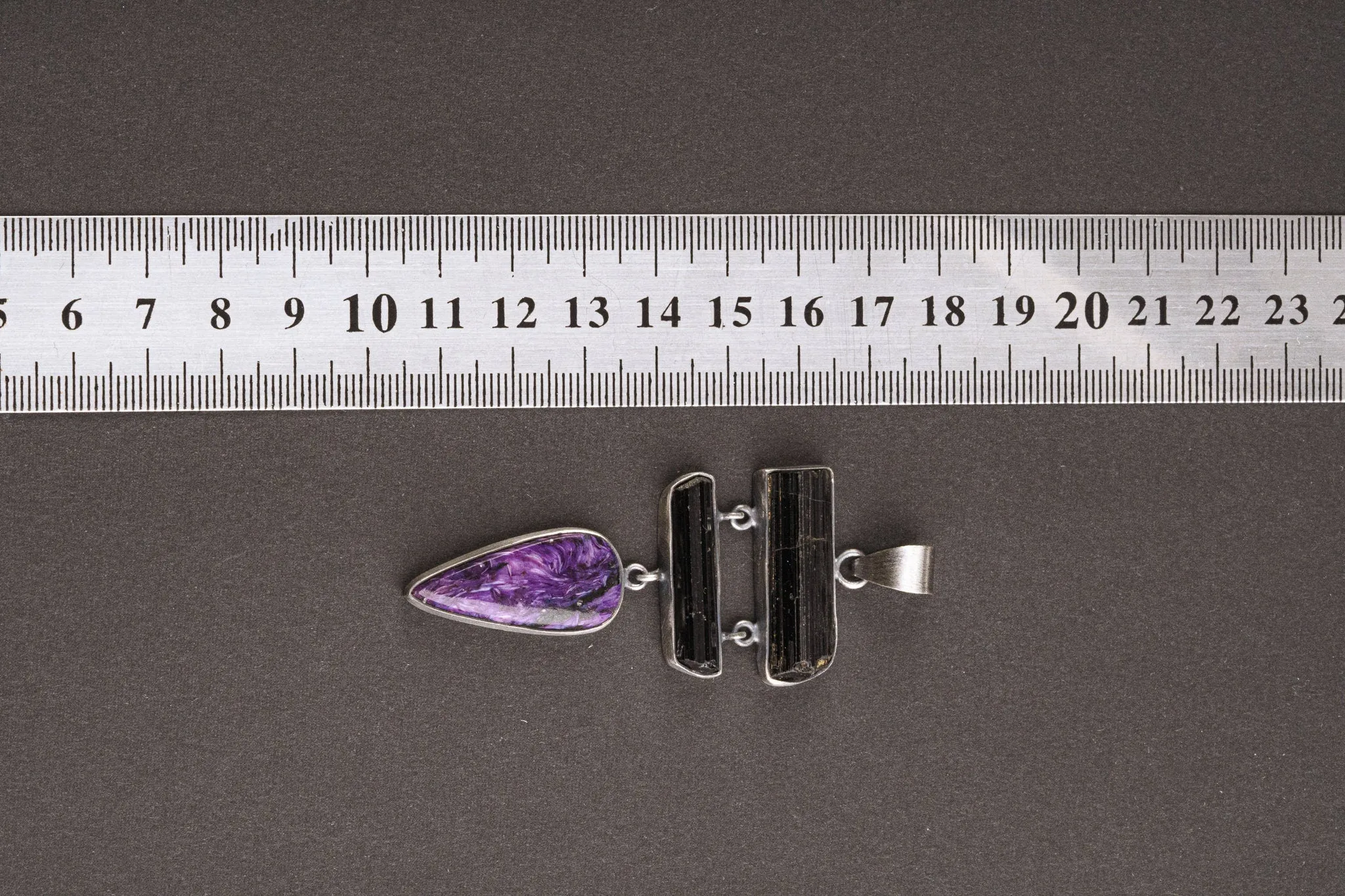Rustic Finish Sterling Silver Pendant Featuring AAA Charoite Teardrop Cabochon & Double Bezeled Black Tourmaline Sticks, Dangle Necklace