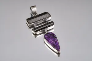 Rustic Finish Sterling Silver Pendant Featuring AAA Charoite Teardrop Cabochon & Double Bezeled Black Tourmaline Sticks, Dangle Necklace