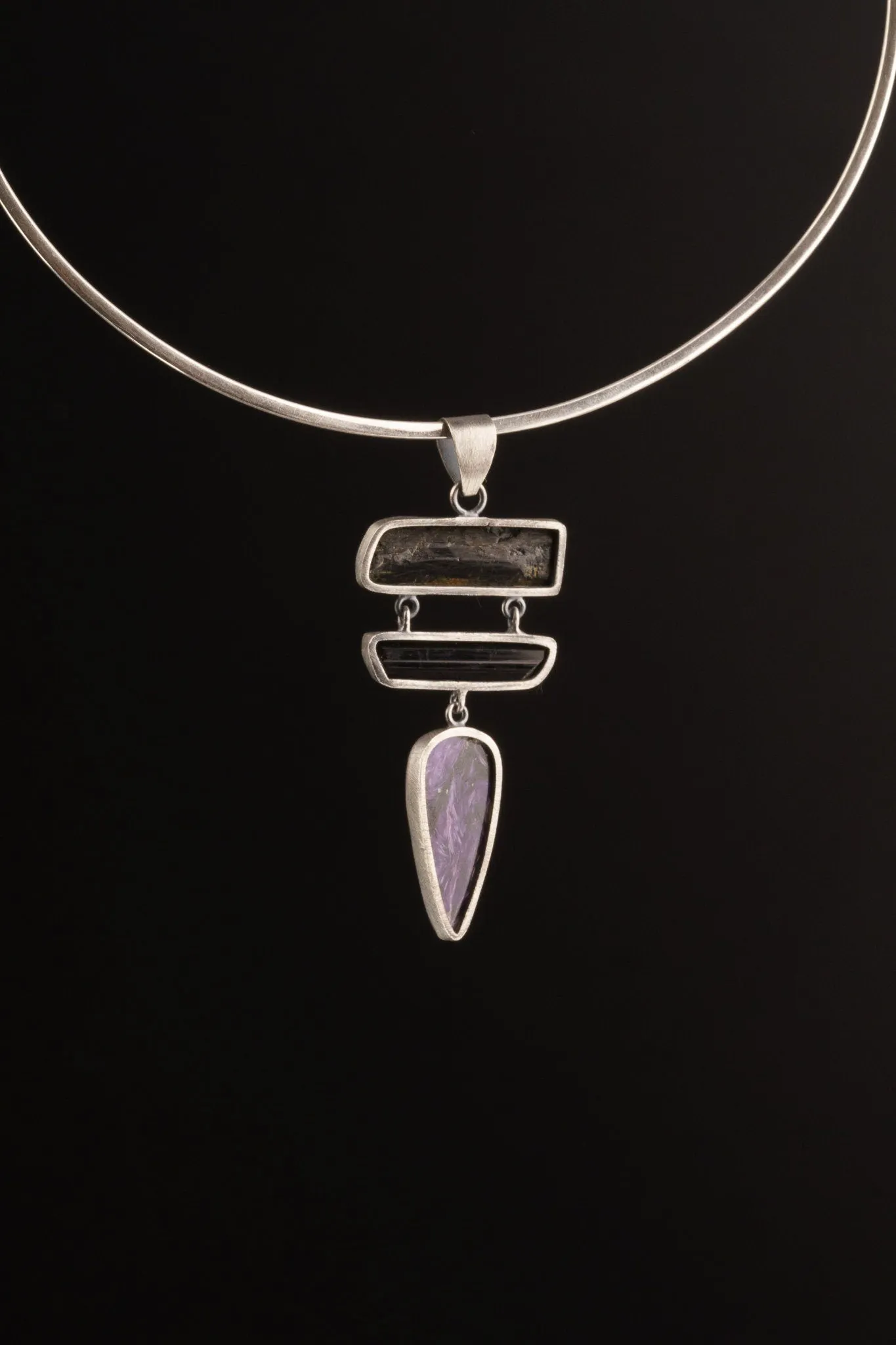 Rustic Finish Sterling Silver Pendant Featuring AAA Charoite Teardrop Cabochon & Double Bezeled Black Tourmaline Sticks, Dangle Necklace