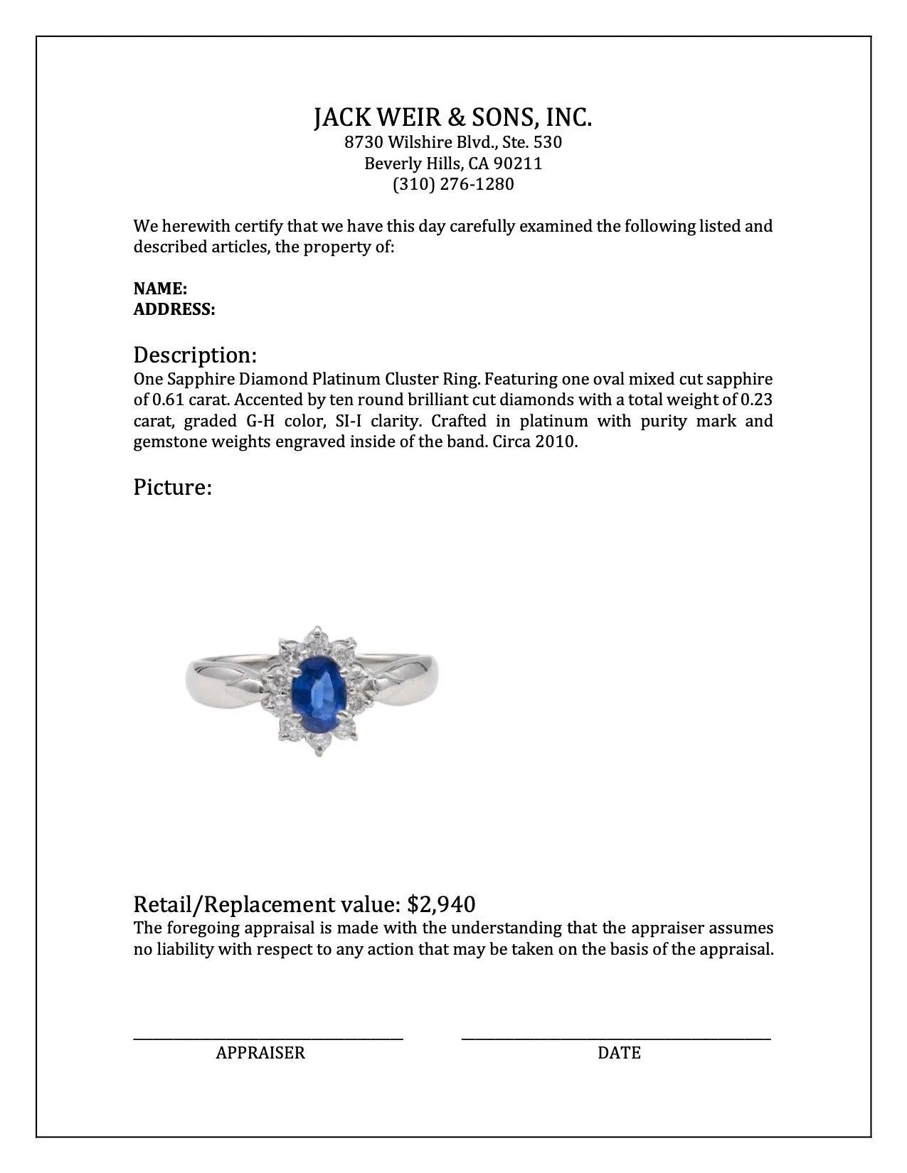 Sapphire Diamond Platinum Cluster Ring