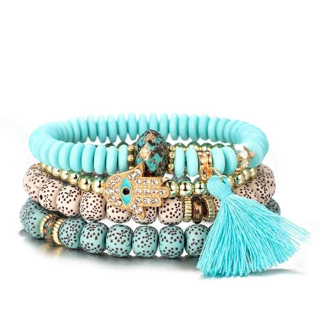 Set of 4 Evil Eye Hand Hamsa Wood Beads Bracelet