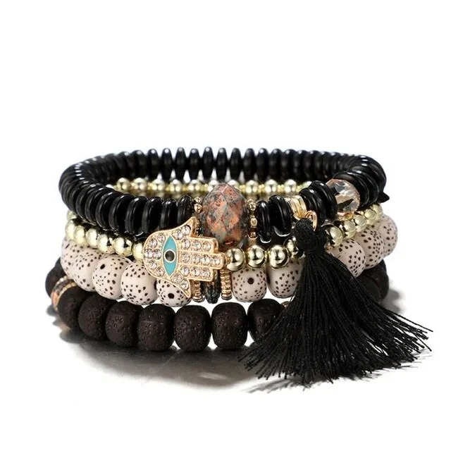 Set of 4 Evil Eye Hand Hamsa Wood Beads Bracelet
