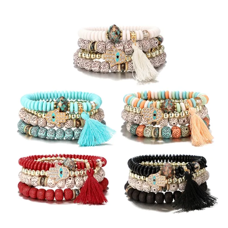 Set of 4 Evil Eye Hand Hamsa Wood Beads Bracelet