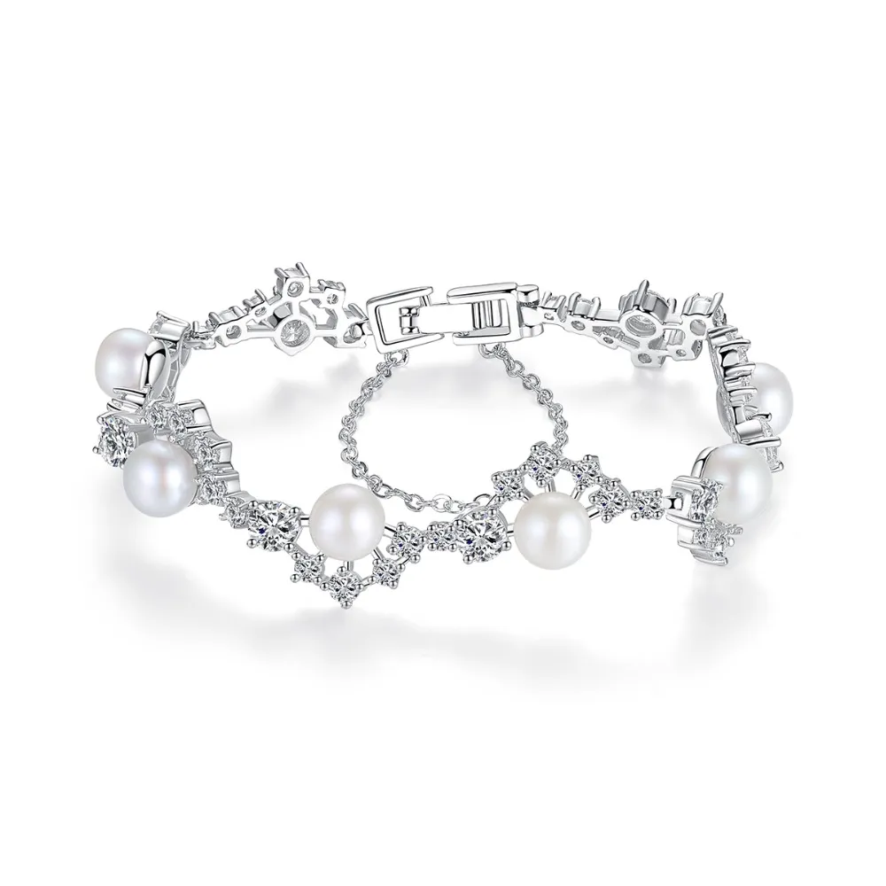 Shiny White Pearl With Zircon Stones Bracelet For Women& Girls& Brides