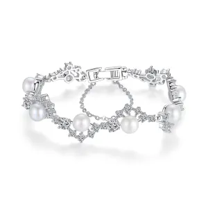 Shiny White Pearl With Zircon Stones Bracelet For Women& Girls& Brides