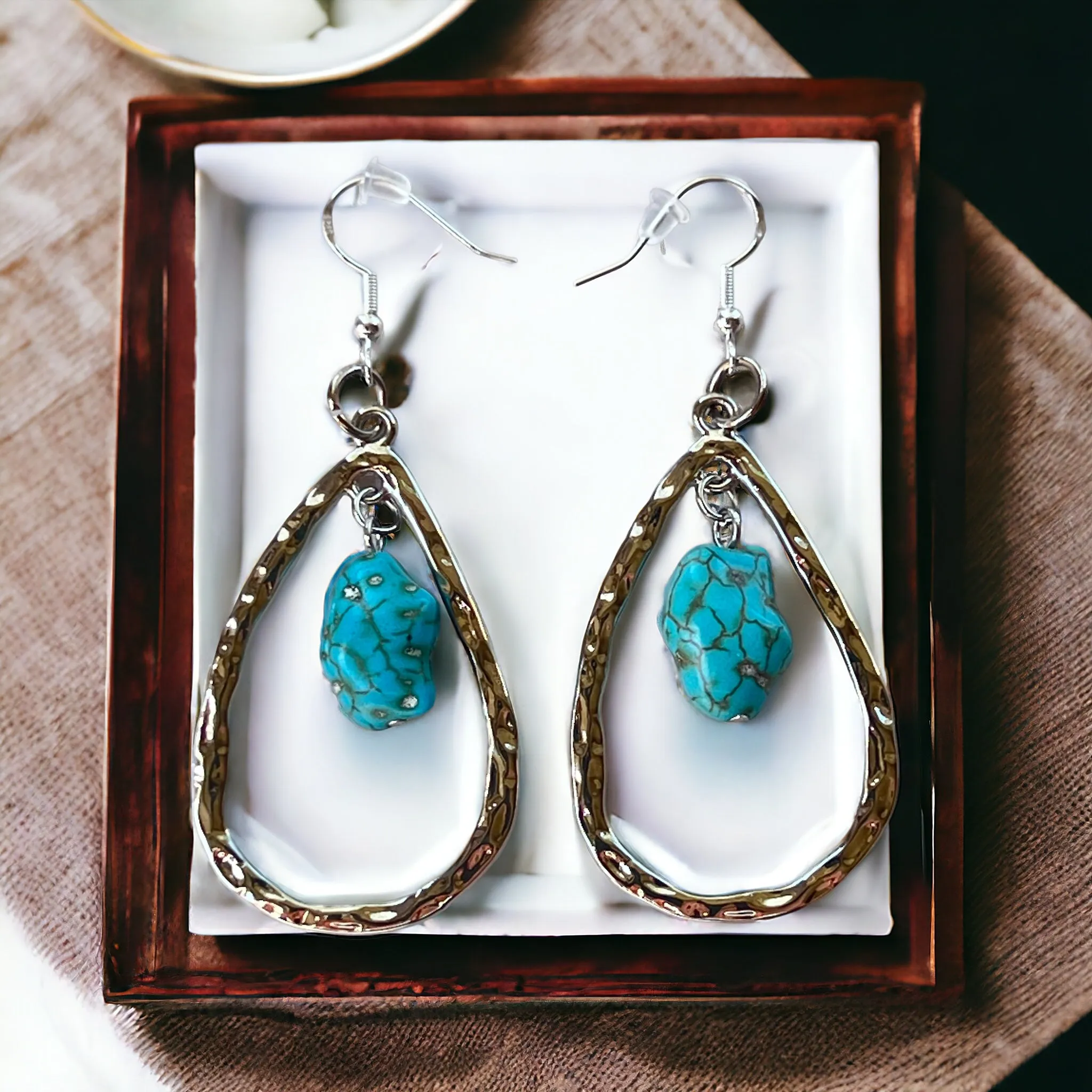 Silver Toned Hammered Metal Teardrop Earrings with Synthetic Turquoise Stone Boho Chic Statement Jewelry Country Western Earrings for Women
