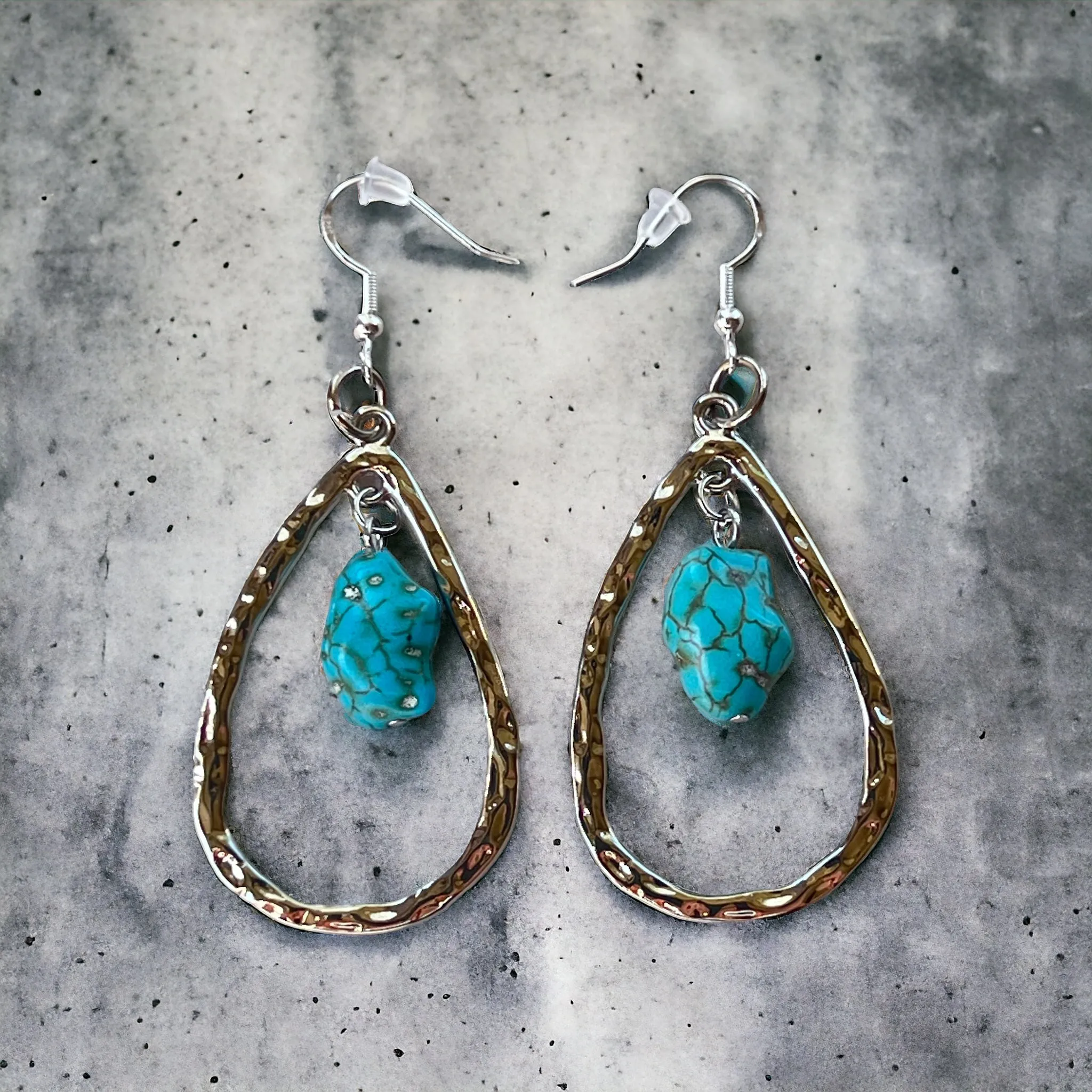 Silver Toned Hammered Metal Teardrop Earrings with Synthetic Turquoise Stone Boho Chic Statement Jewelry Country Western Earrings for Women