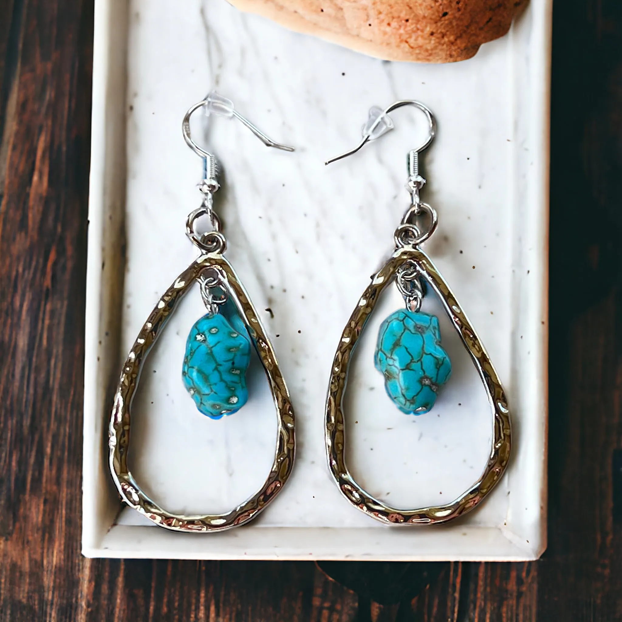 Silver Toned Hammered Metal Teardrop Earrings with Synthetic Turquoise Stone Boho Chic Statement Jewelry Country Western Earrings for Women