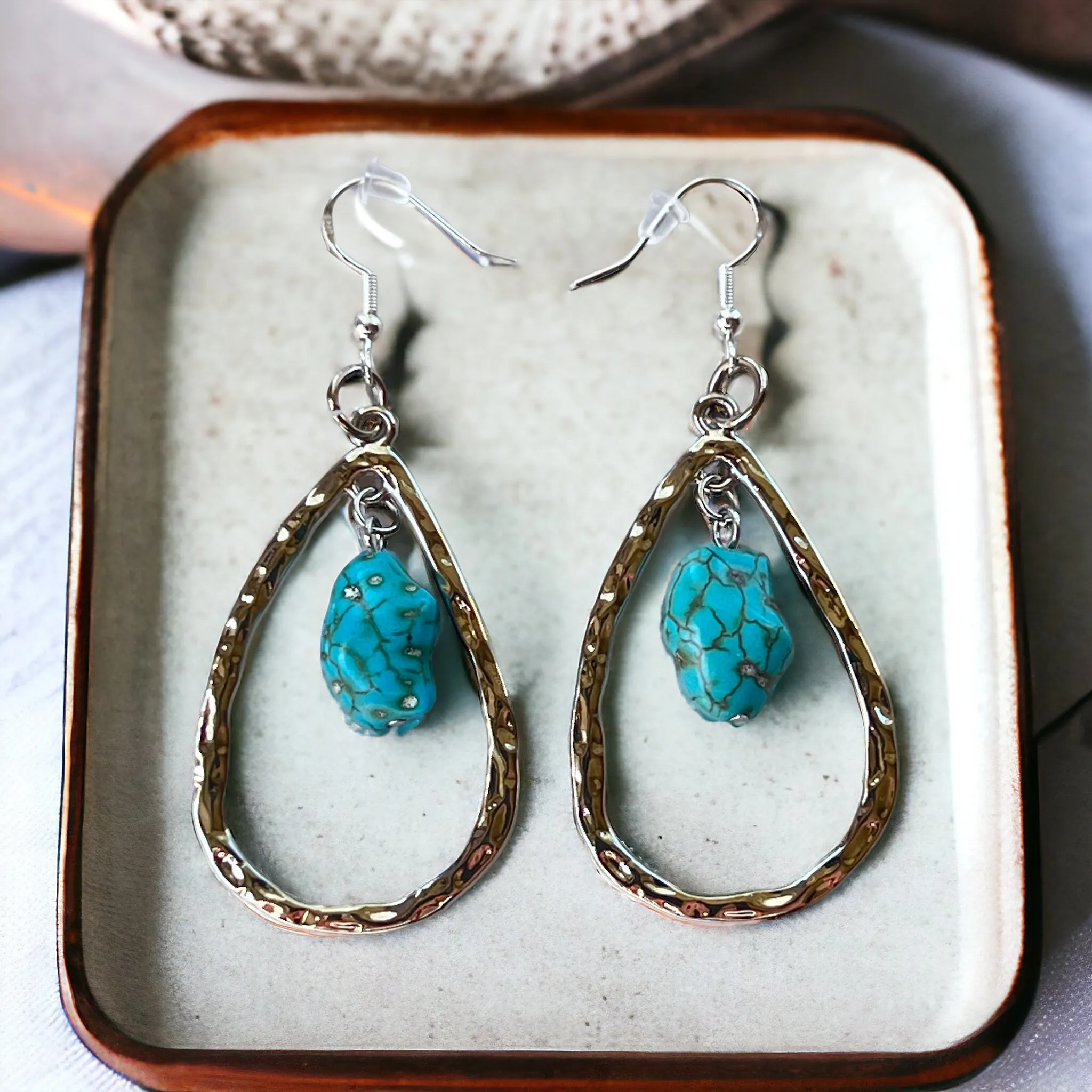 Silver Toned Hammered Metal Teardrop Earrings with Synthetic Turquoise Stone Boho Chic Statement Jewelry Country Western Earrings for Women