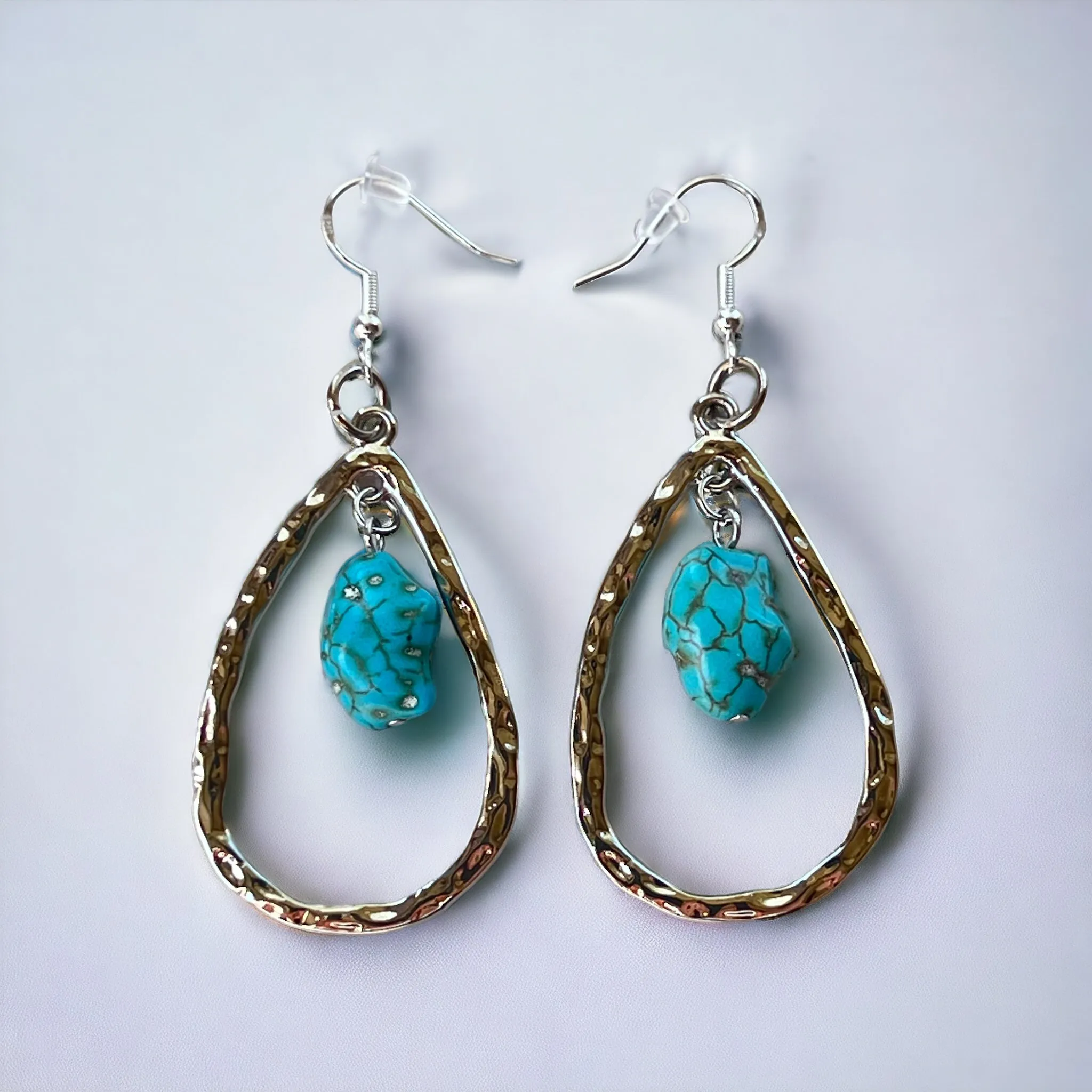 Silver Toned Hammered Metal Teardrop Earrings with Synthetic Turquoise Stone Boho Chic Statement Jewelry Country Western Earrings for Women