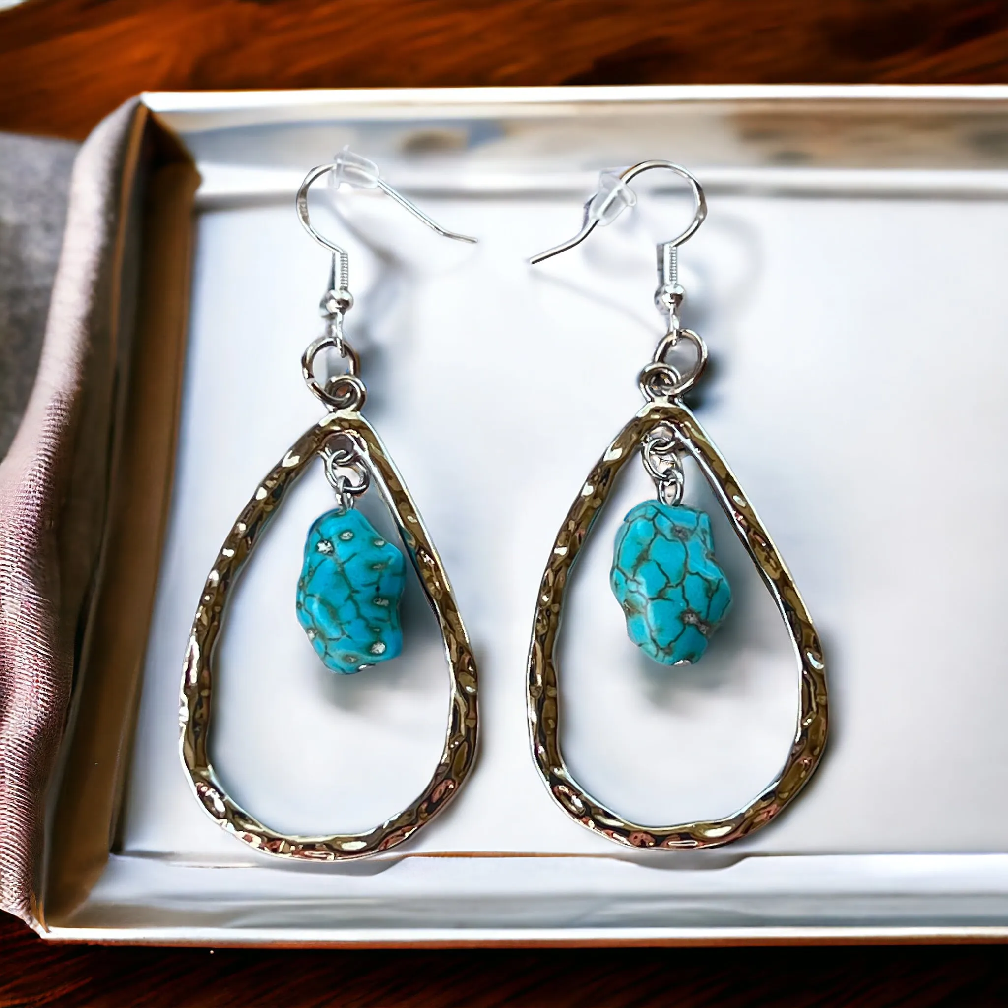 Silver Toned Hammered Metal Teardrop Earrings with Synthetic Turquoise Stone Boho Chic Statement Jewelry Country Western Earrings for Women