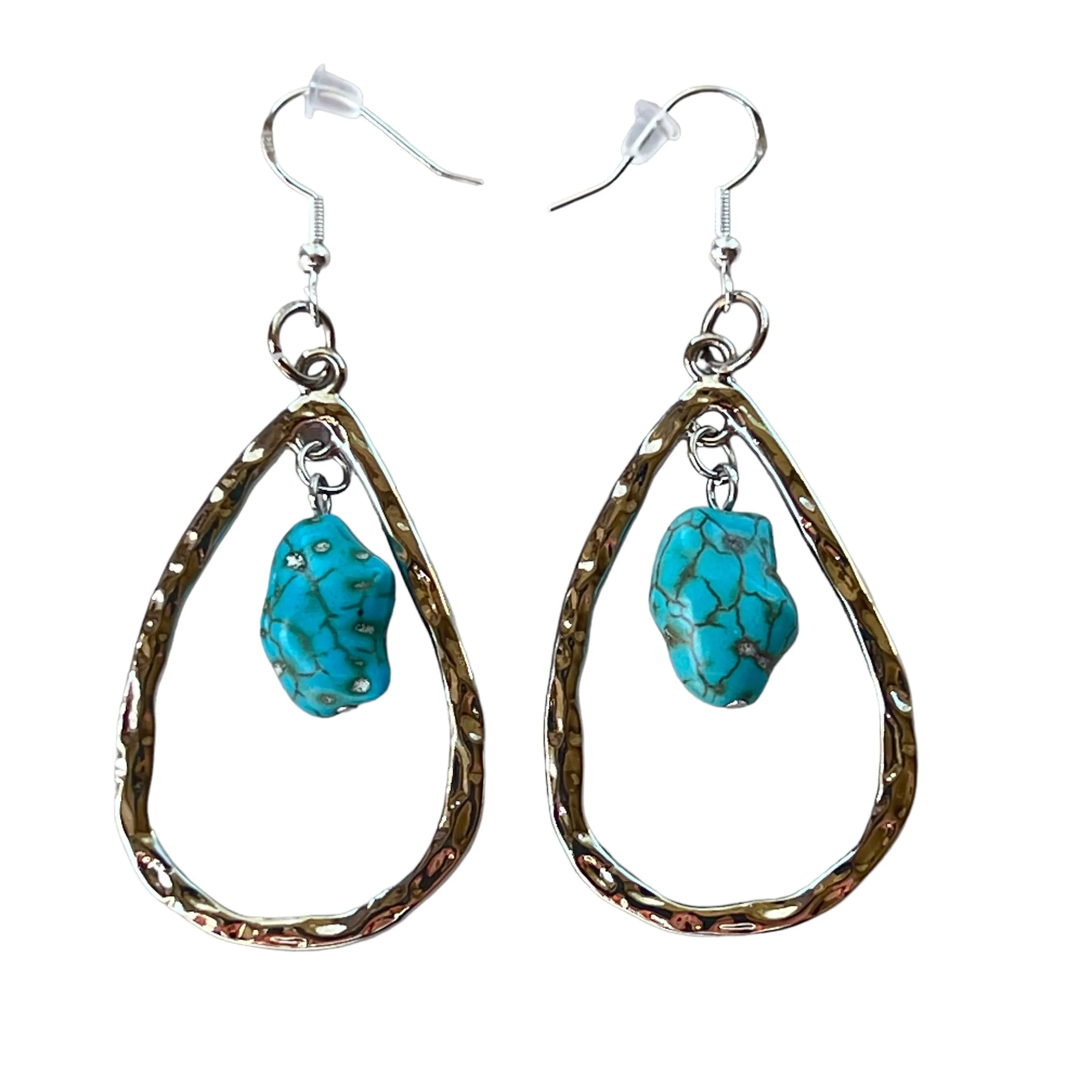 Silver Toned Hammered Metal Teardrop Earrings with Synthetic Turquoise Stone Boho Chic Statement Jewelry Country Western Earrings for Women