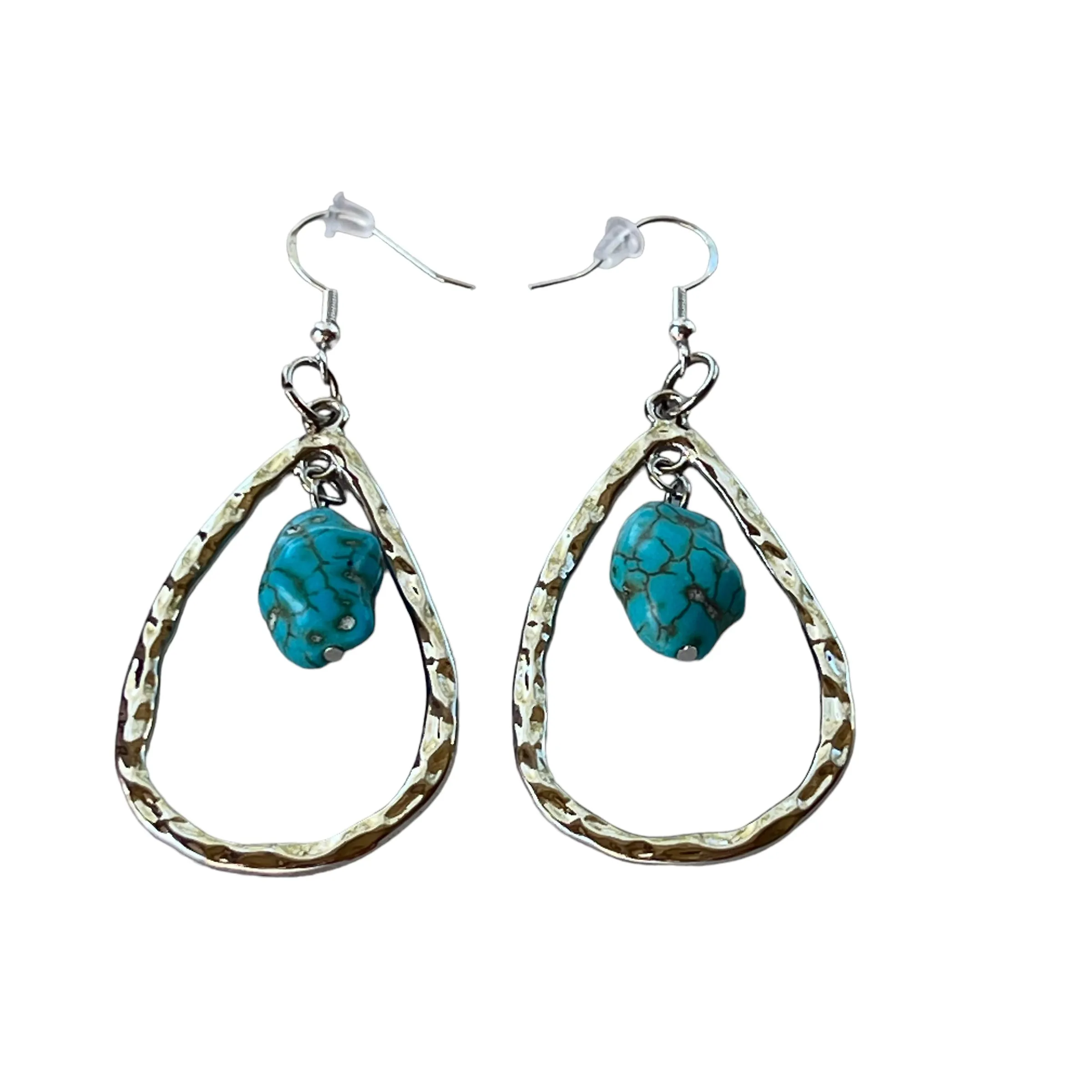 Silver Toned Hammered Metal Teardrop Earrings with Synthetic Turquoise Stone Boho Chic Statement Jewelry Country Western Earrings for Women