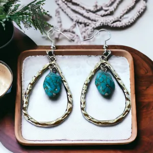 Silver Toned Hammered Metal Teardrop Earrings with Synthetic Turquoise Stone Boho Chic Statement Jewelry Country Western Earrings for Women