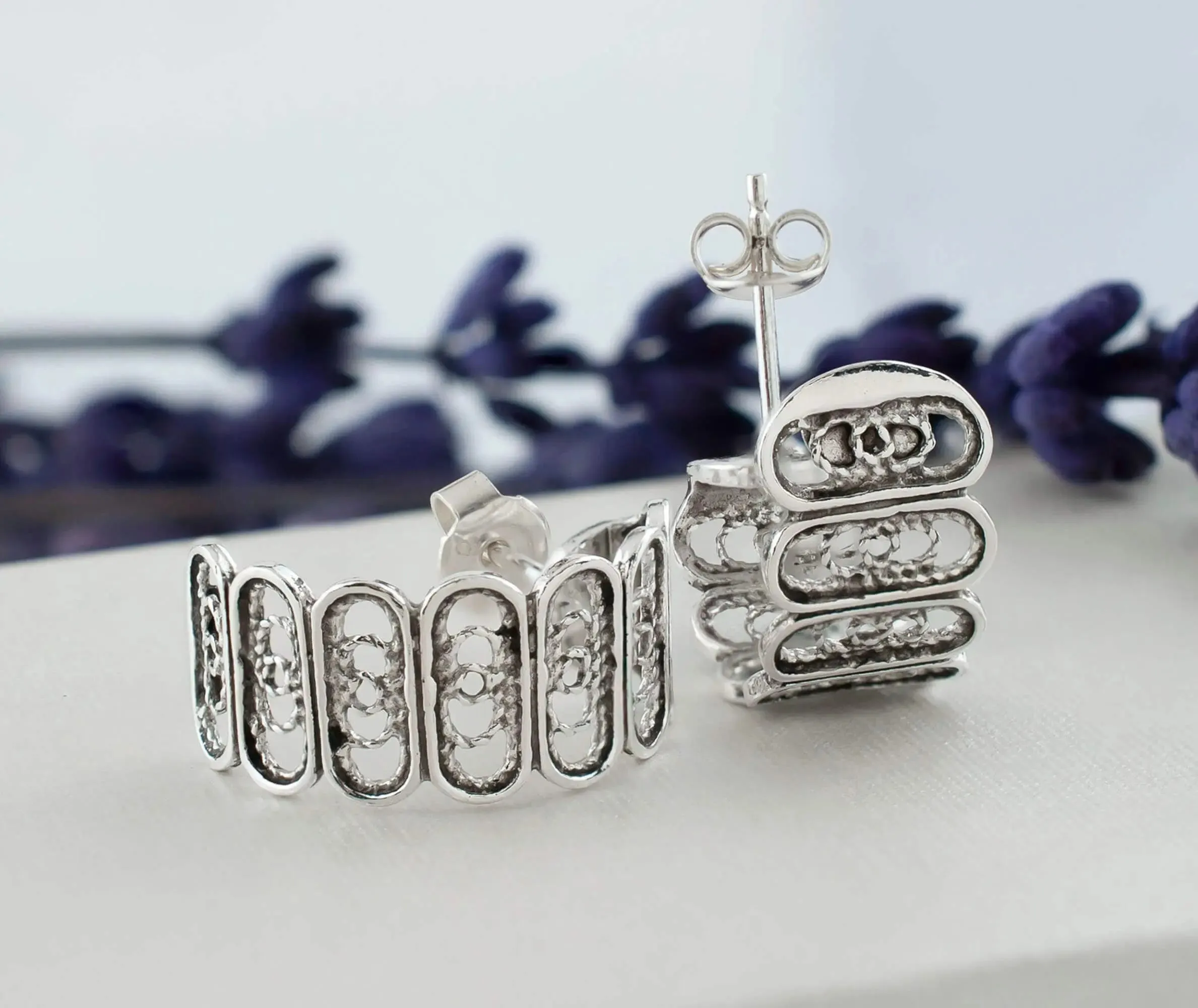 Sterling Silver Filigree Oval Design C-Hoop Stud Earrings for Women
