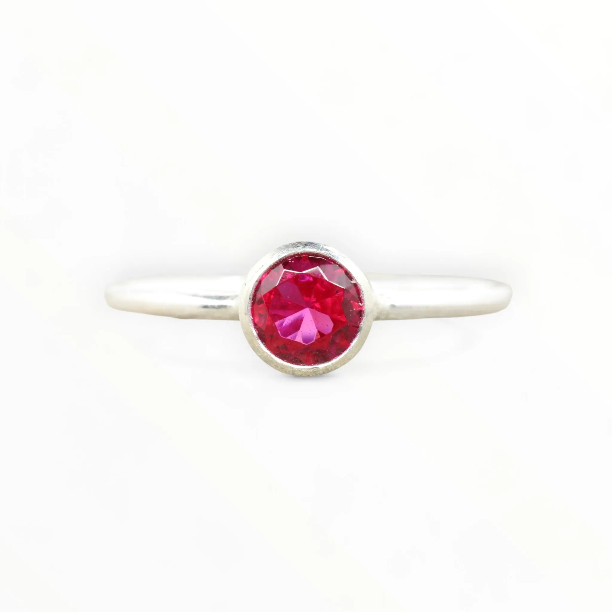 Sterling Silver Lab Ruby Stacking Ring // 5mm Faceted Gemstone July Birthstone Stackable Ring