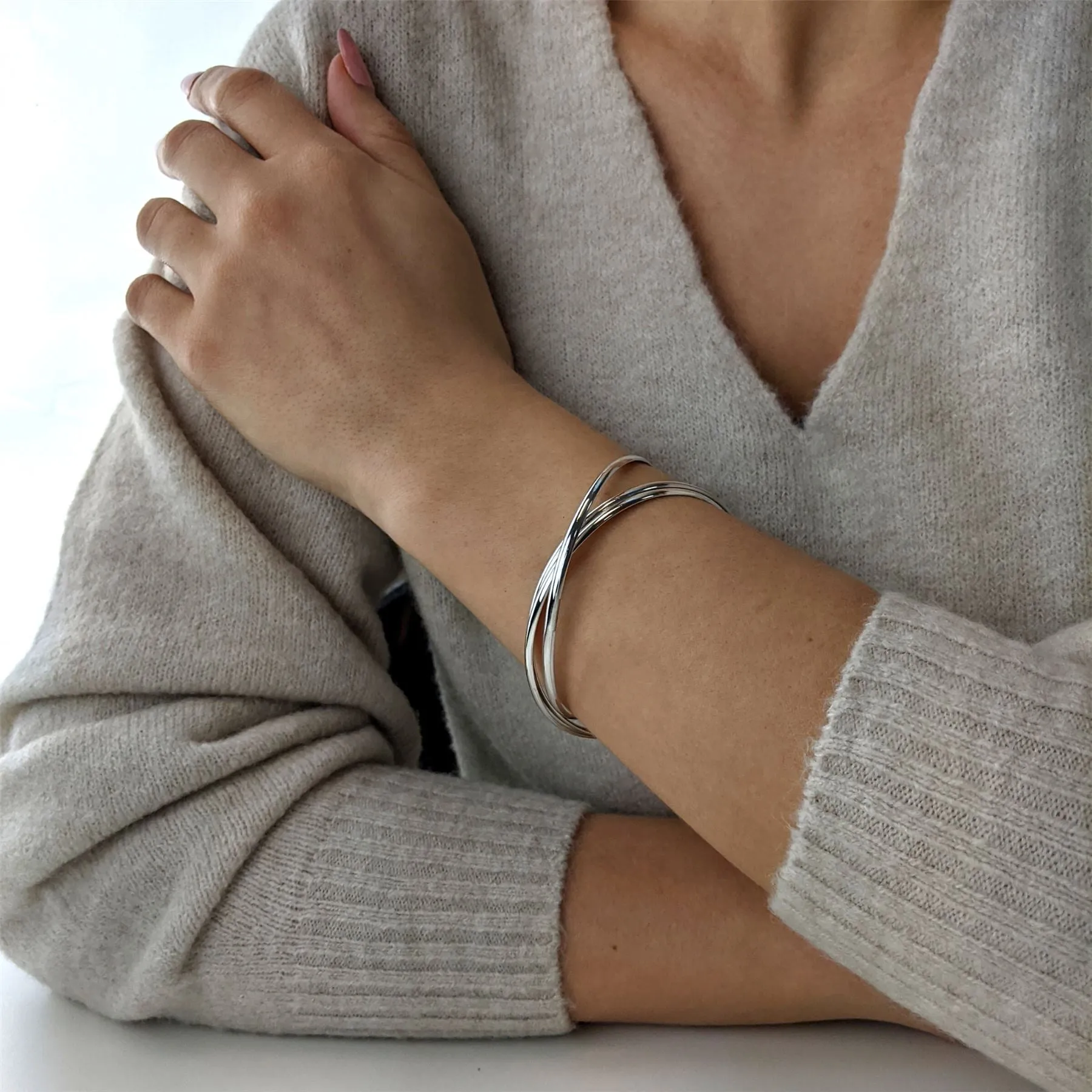 Sterling Silver Triple Russian Wedding Bangle - Classic Round Design