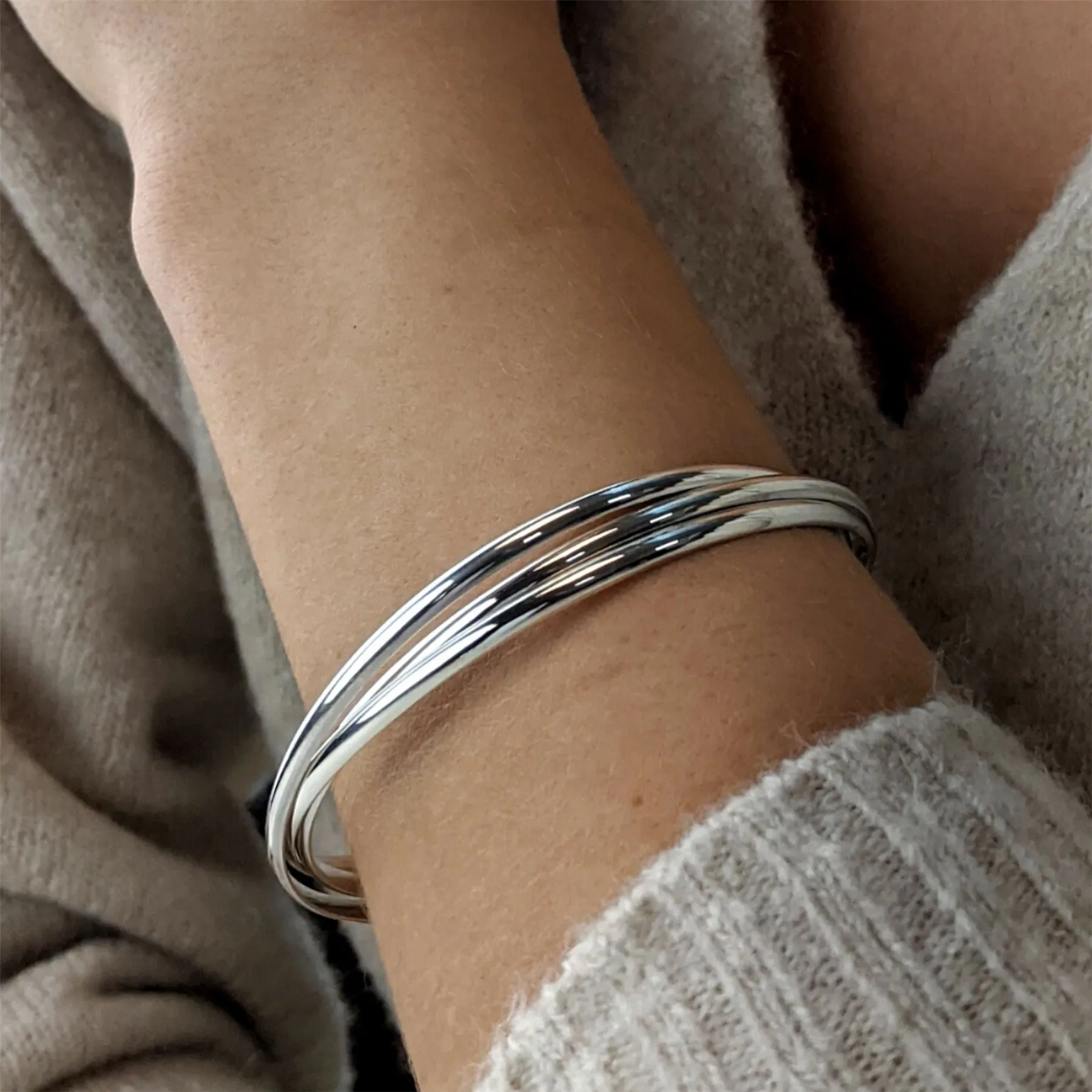 Sterling Silver Triple Russian Wedding Bangle - Classic Round Design