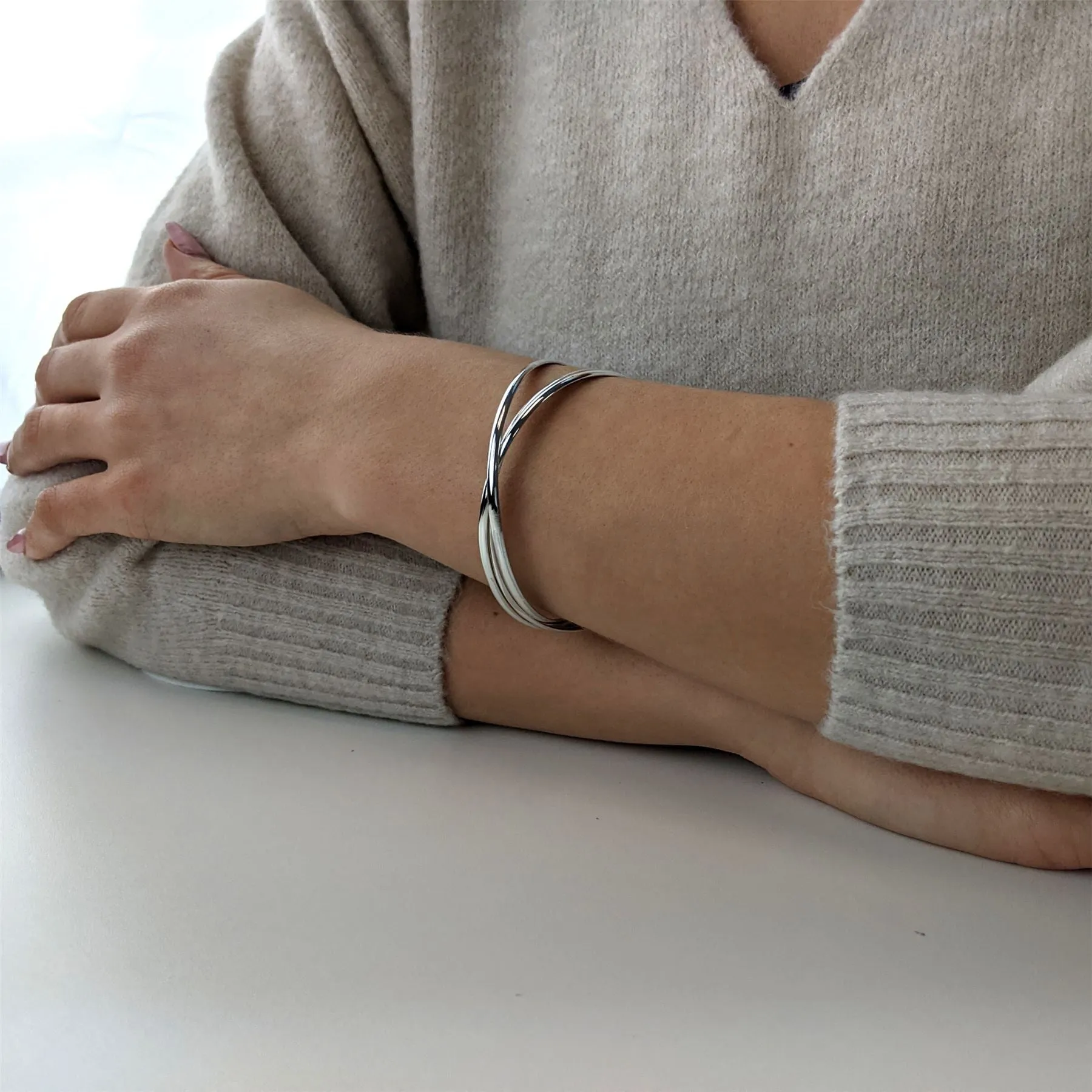 Sterling Silver Triple Russian Wedding Bangle - Classic Round Design