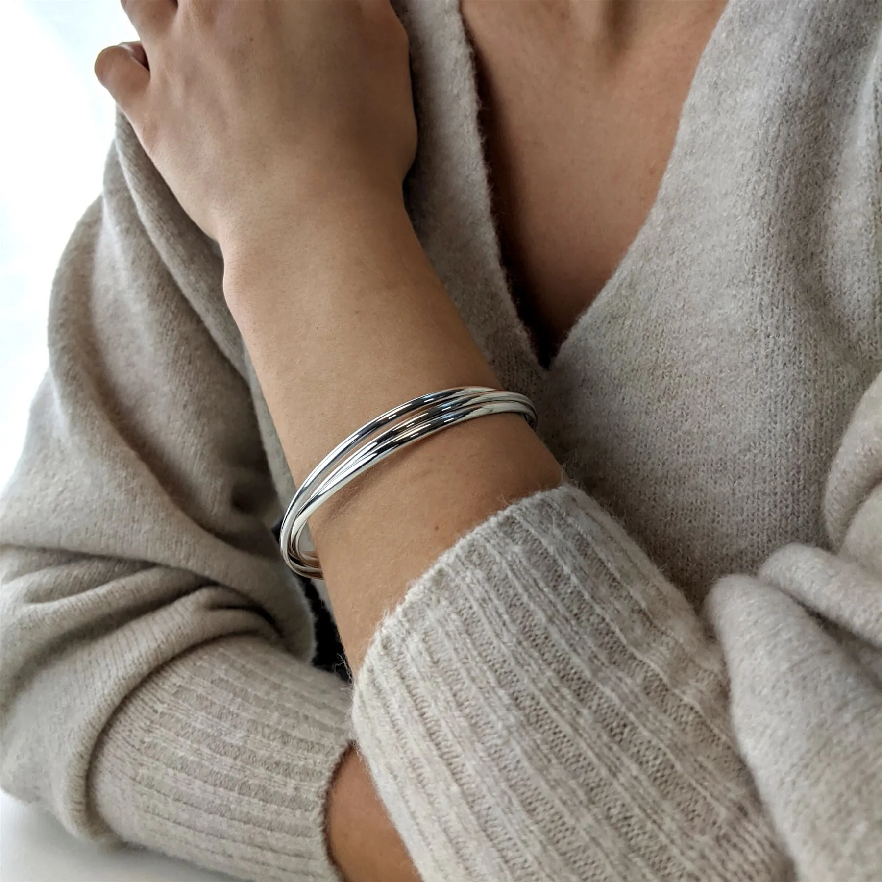 Sterling Silver Triple Russian Wedding Bangle - Classic Round Design