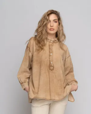 Stonewash Ruffled Highneck Half-Button Shirt