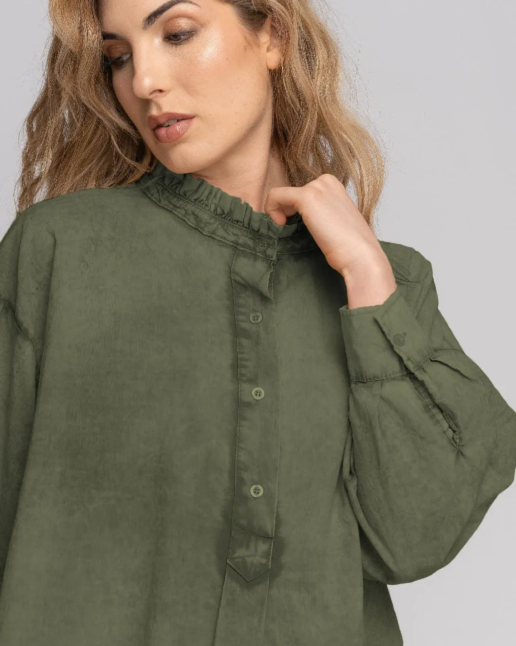Stonewash Ruffled Highneck Half-Button Shirt