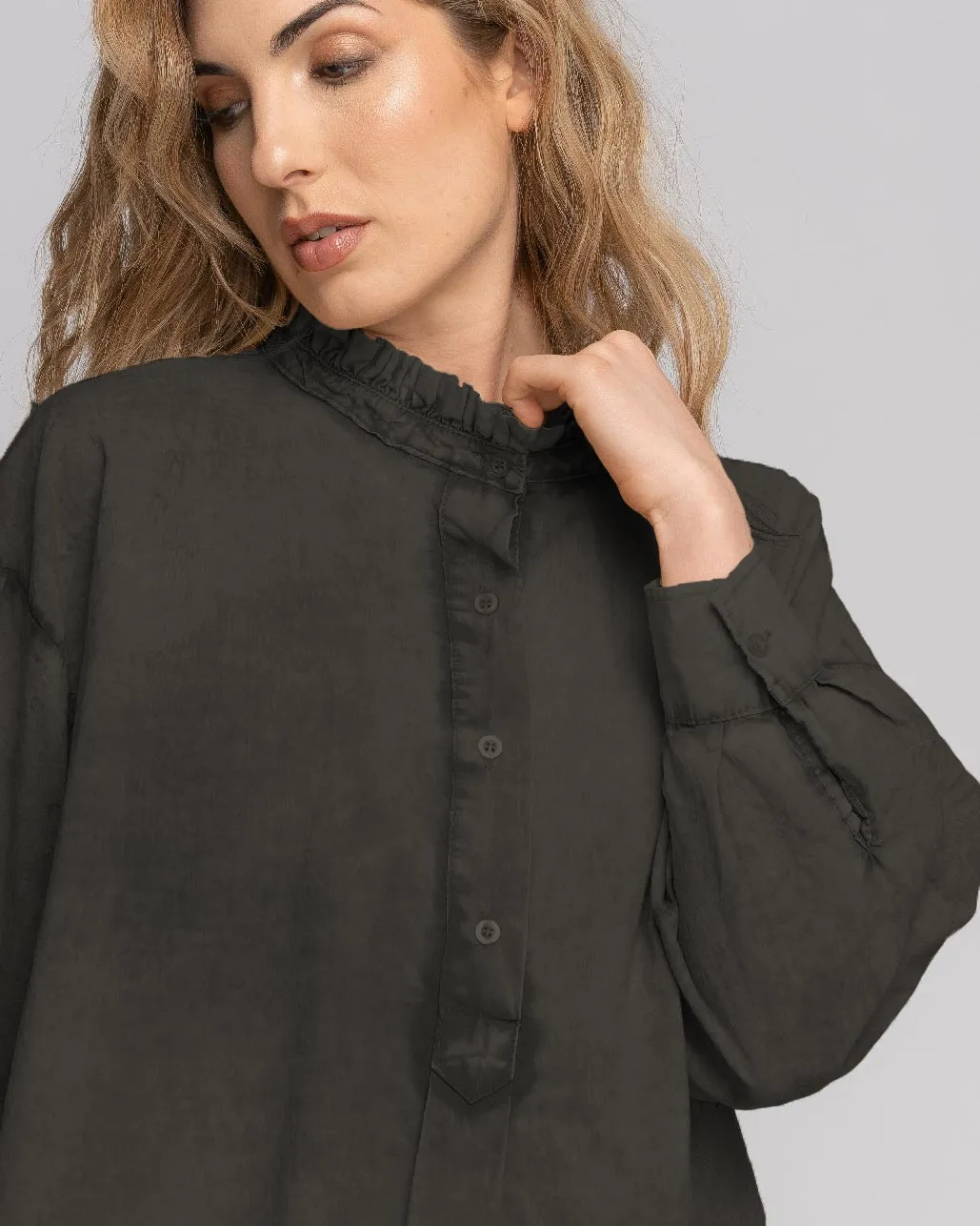 Stonewash Ruffled Highneck Half-Button Shirt
