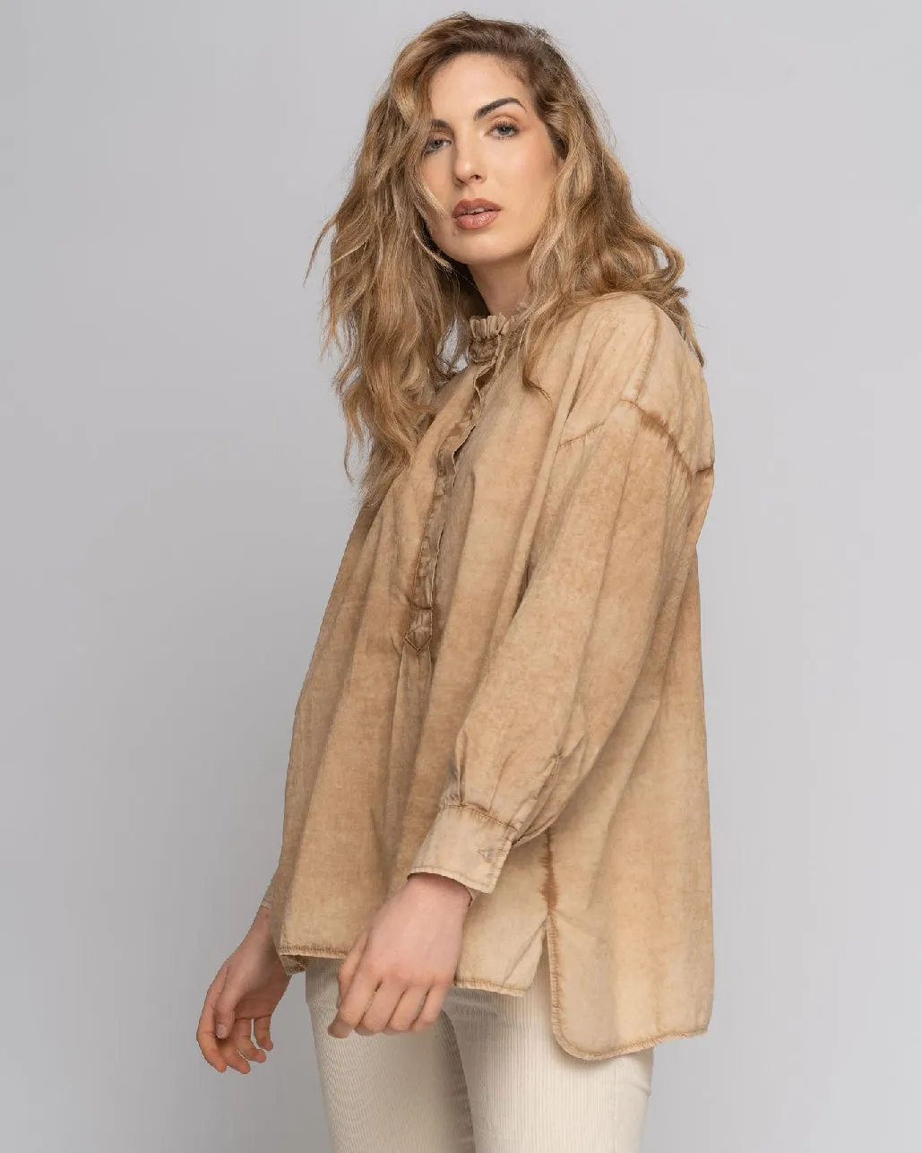 Stonewash Ruffled Highneck Half-Button Shirt