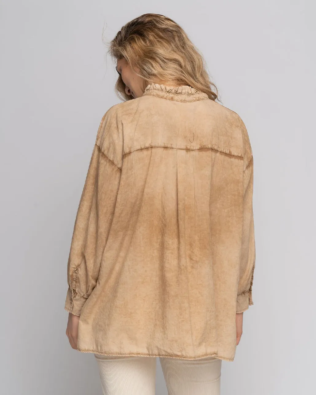 Stonewash Ruffled Highneck Half-Button Shirt