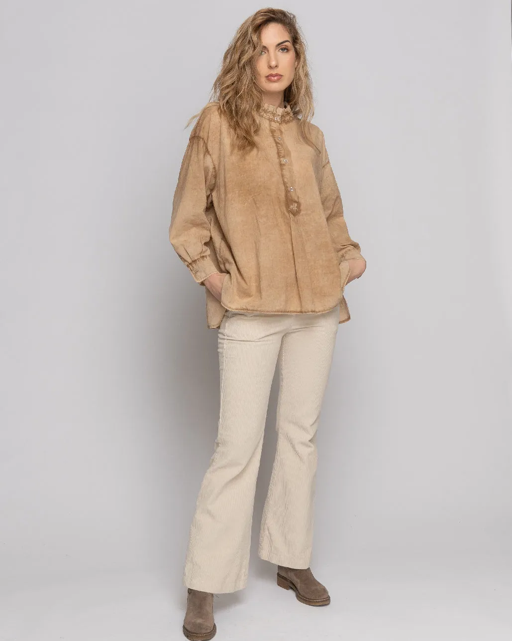 Stonewash Ruffled Highneck Half-Button Shirt