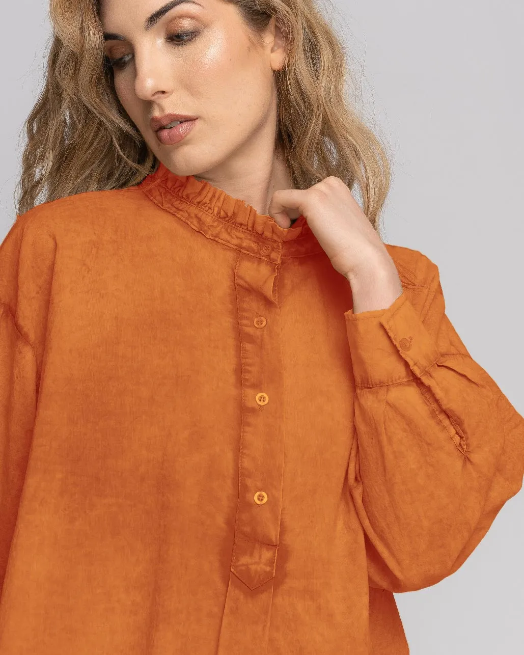 Stonewash Ruffled Highneck Half-Button Shirt
