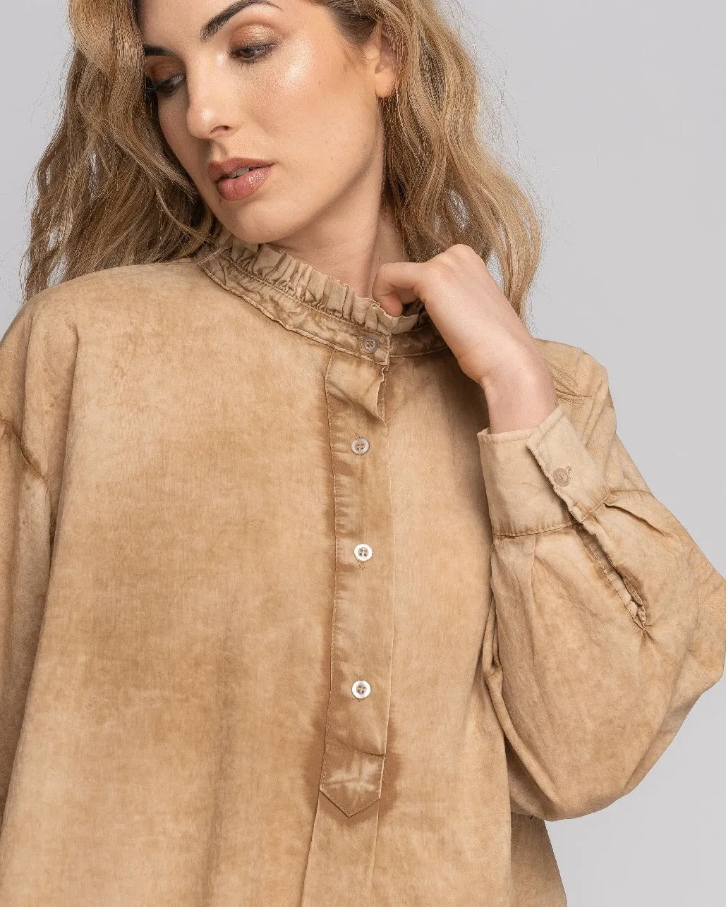 Stonewash Ruffled Highneck Half-Button Shirt