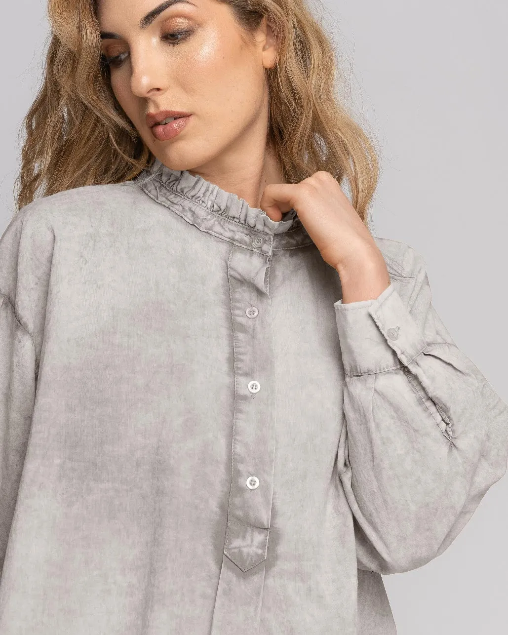 Stonewash Ruffled Highneck Half-Button Shirt