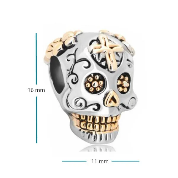 Sugar Skull Lady Cross Two-Tone Charm Bracelet Bead