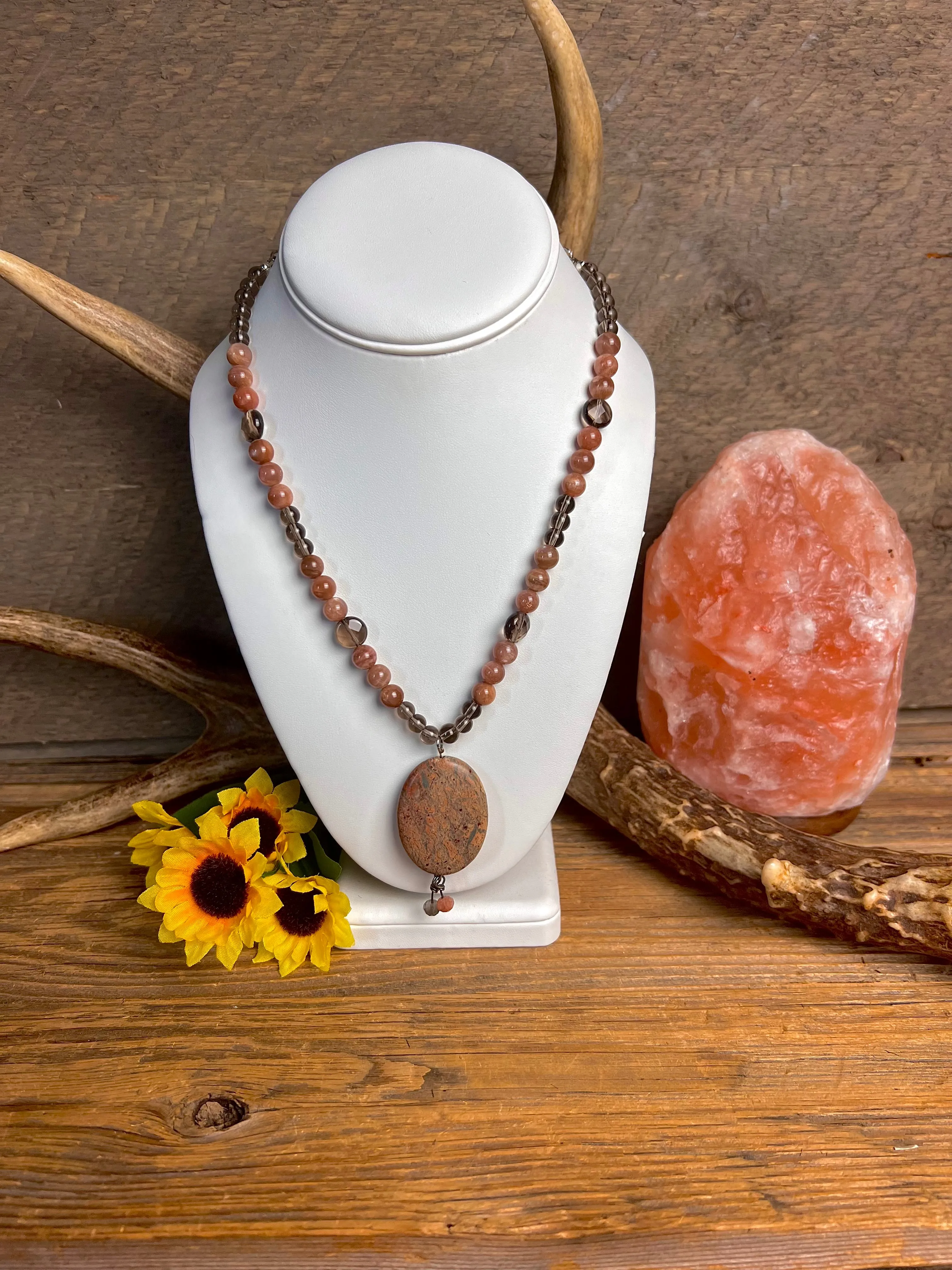 Sunstone & Smoky Quartz W/ Autumn Jasper Necklace
