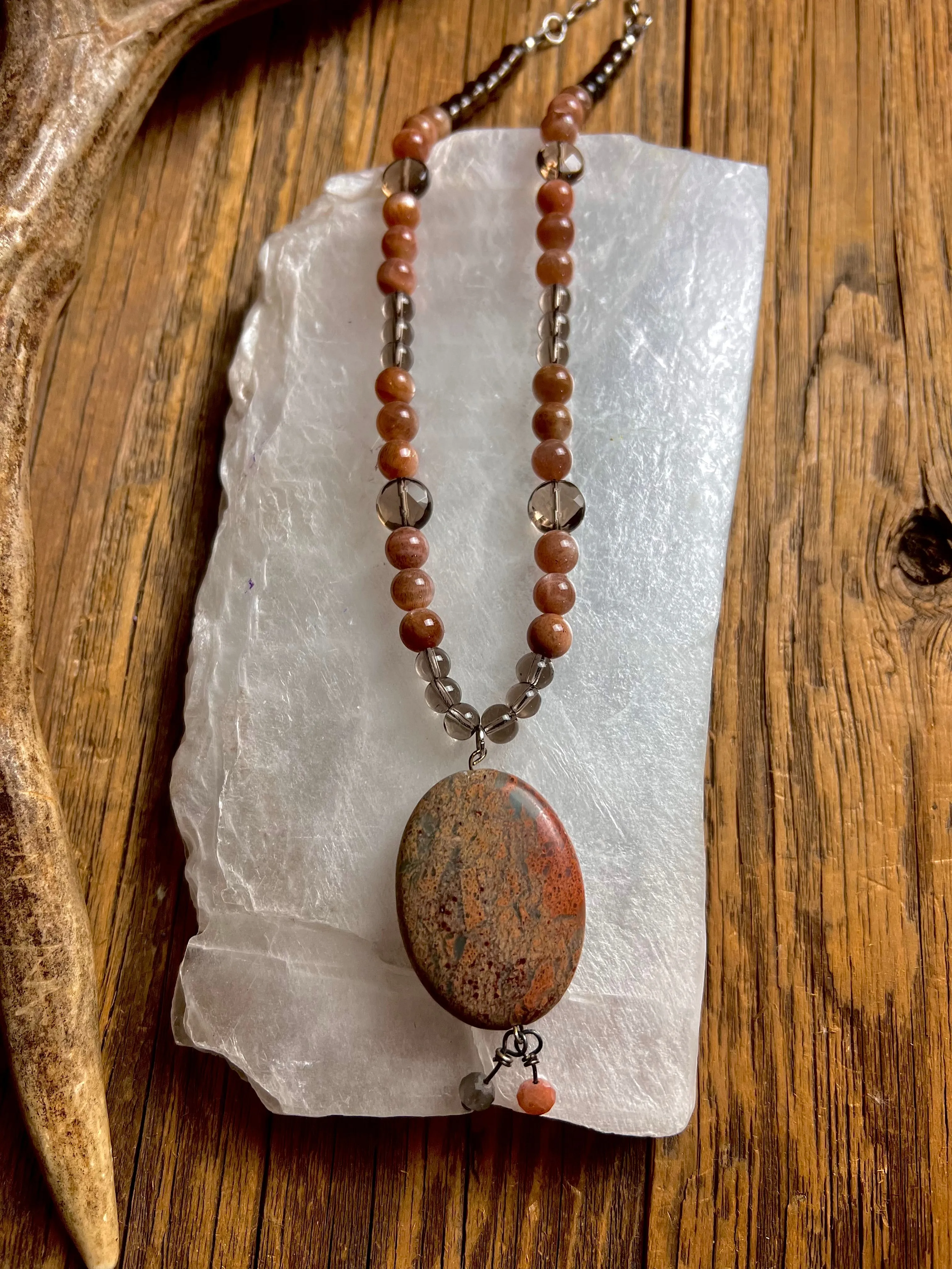 Sunstone & Smoky Quartz W/ Autumn Jasper Necklace