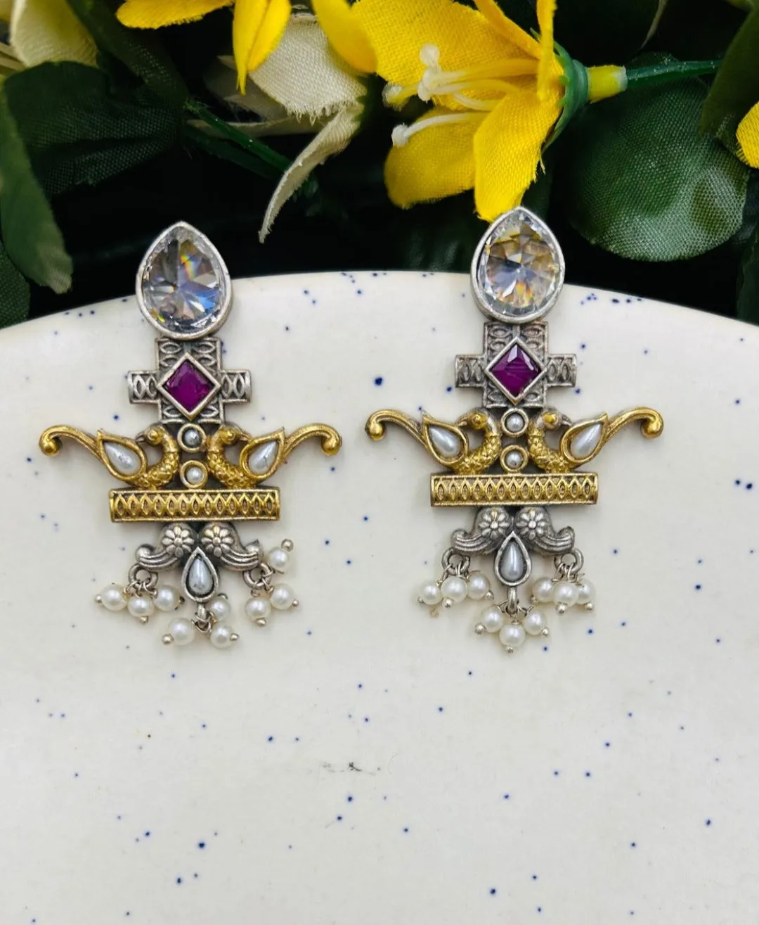 Tashi Pink Colour Stone Oxidised Earrings