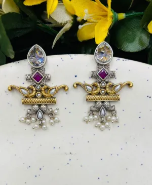 Tashi Pink Colour Stone Oxidised Earrings
