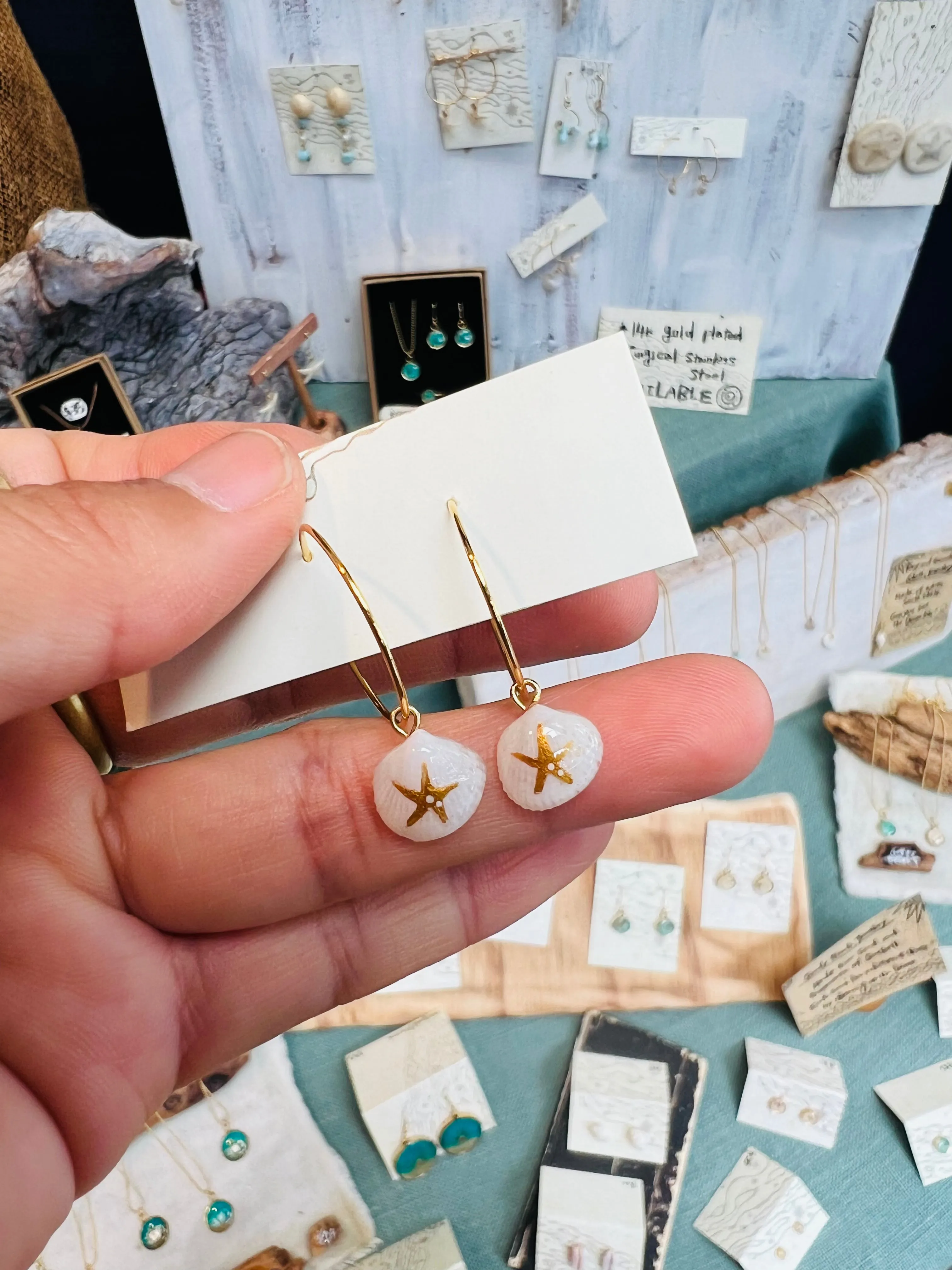 Tiny shell earrings with painting, little starfish
