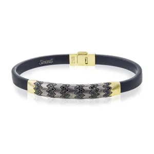 Titanium & Gold Men's Black Diamonds Bracelet with Leather Band