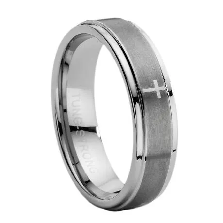 Tungsten Carbide Wedding Ring with Lasered Cross Satin and Polished Finish - 7 mm