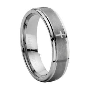 Tungsten Carbide Wedding Ring with Lasered Cross Satin and Polished Finish - 7 mm