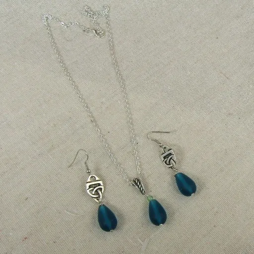 Turquoise Sea Glass Pendant Necklace & Earrings  Set